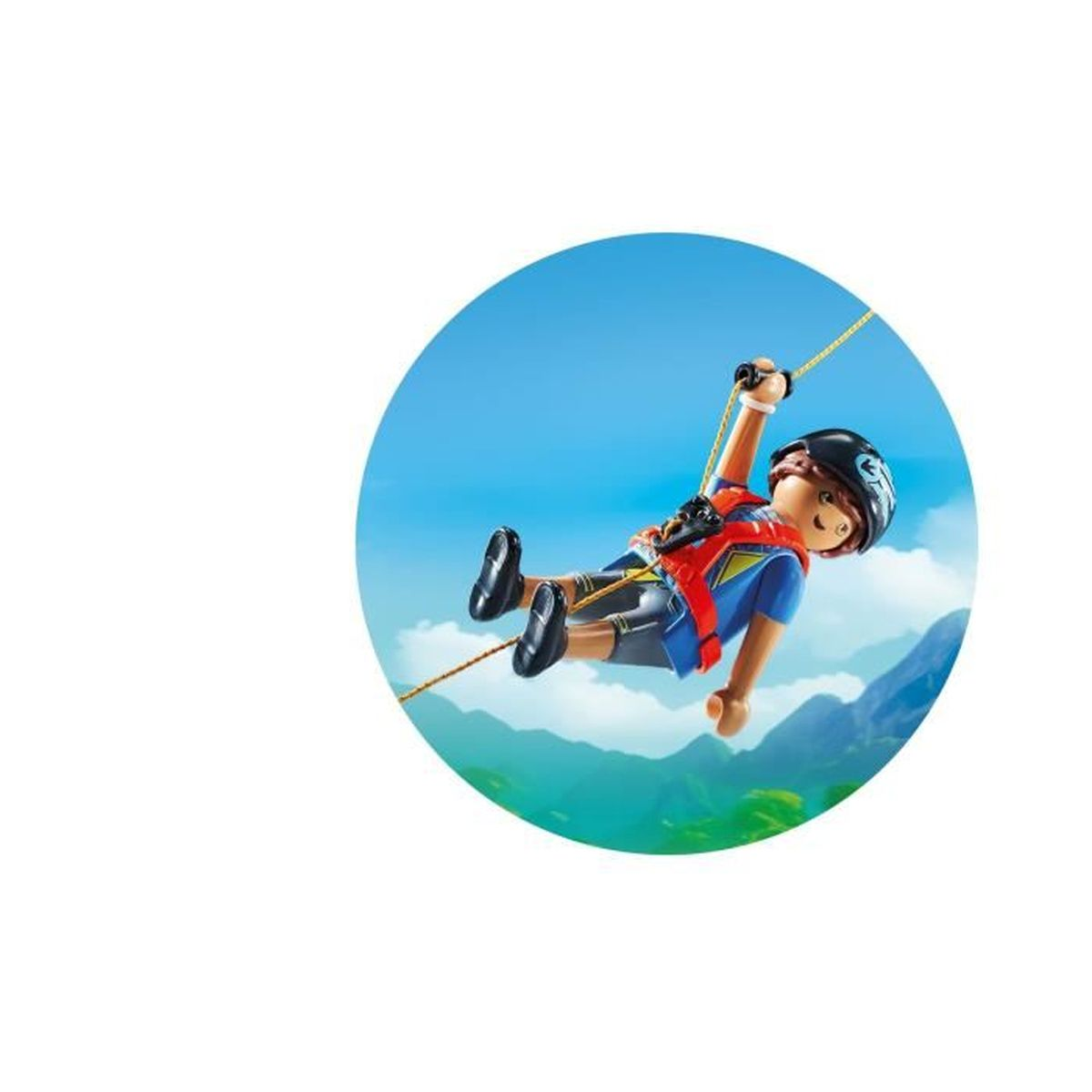 Figurka zabawki na linie na tle błękitnego nieba, w kasku i czerwonej kamizelce.