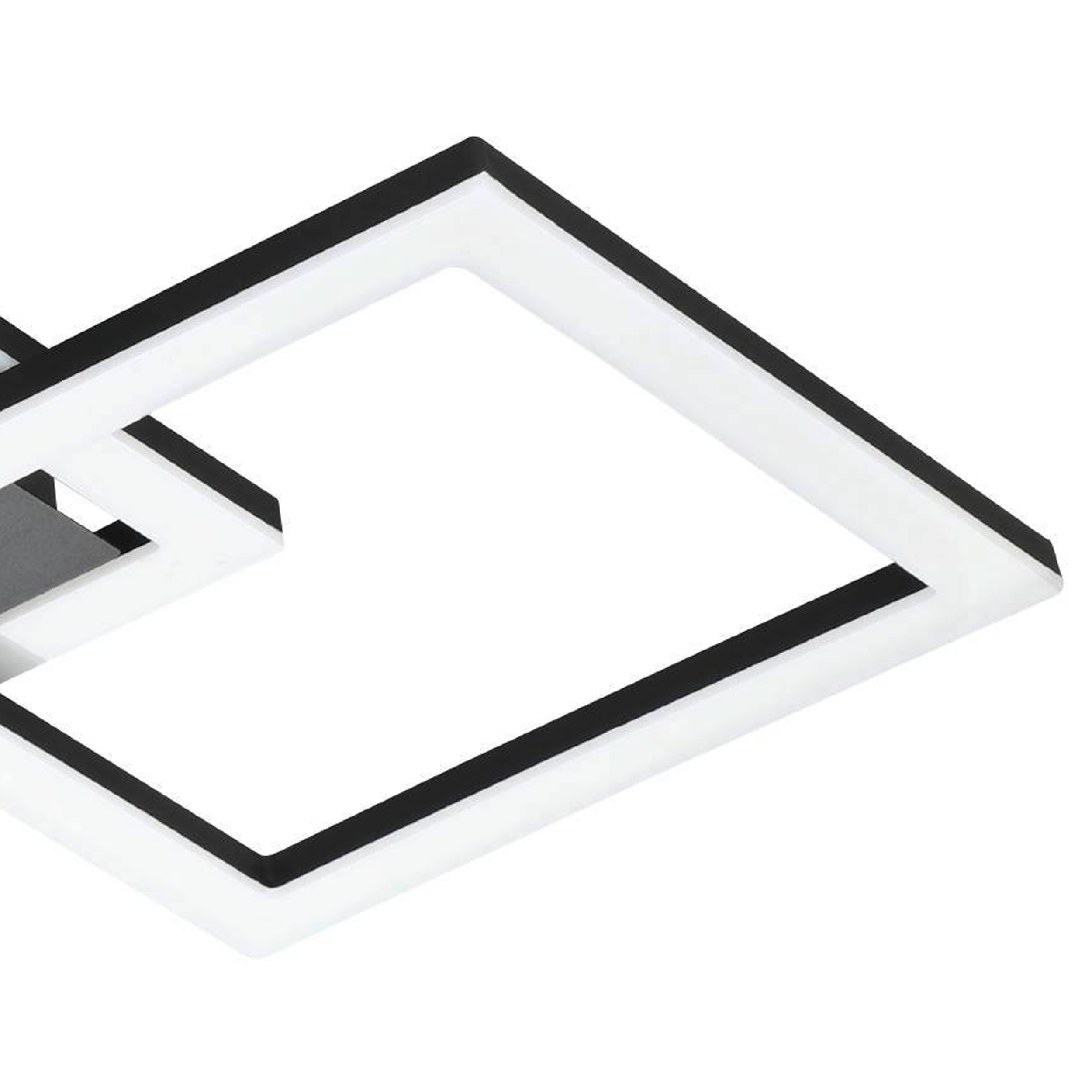Un primo piano di un moderno apparecchio di illuminazione bianco e nero con un design quadrato.