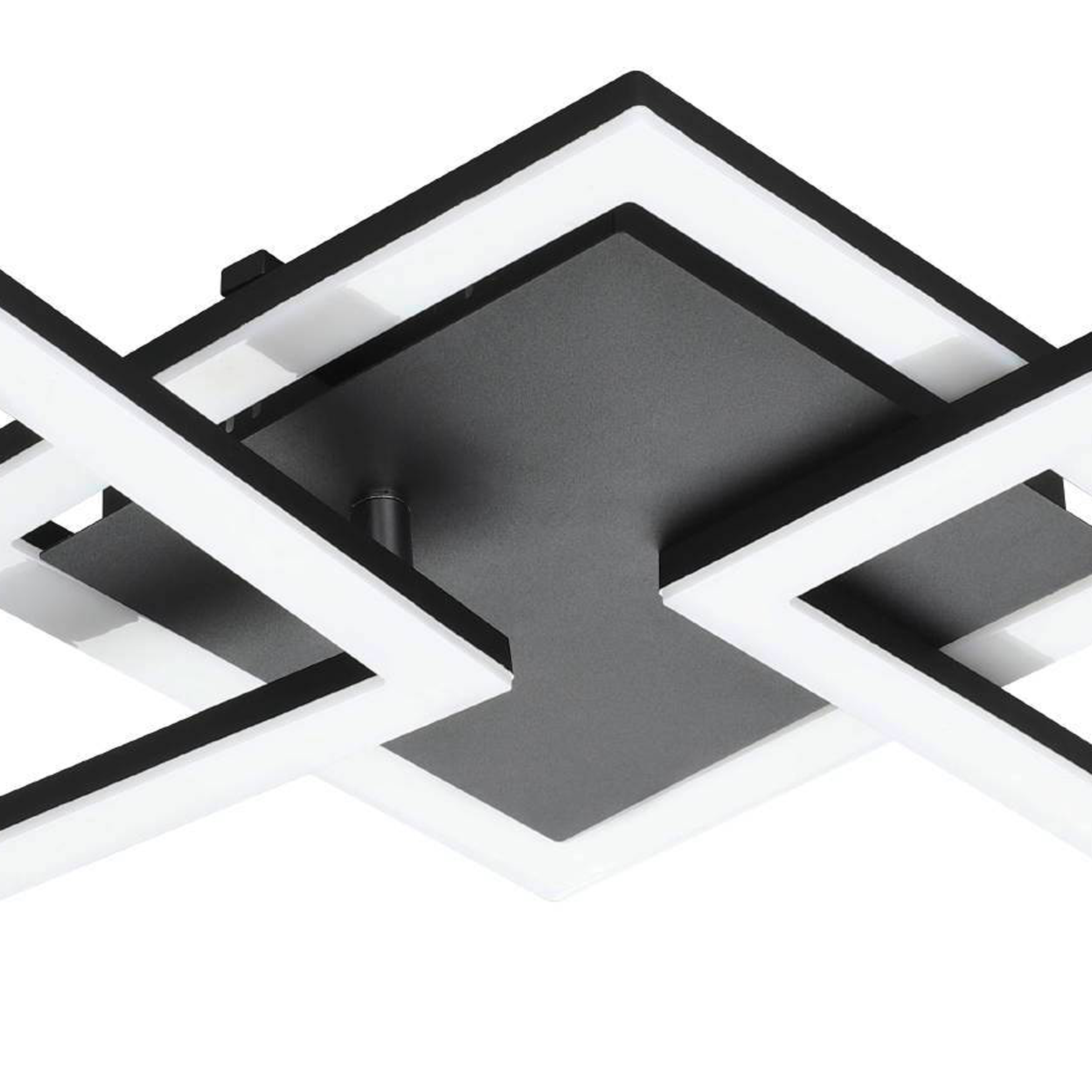 Primo piano di un apparecchio per lampada da soffitto, con base nera e cornici quadrate bianche illuminate sovrapposte.