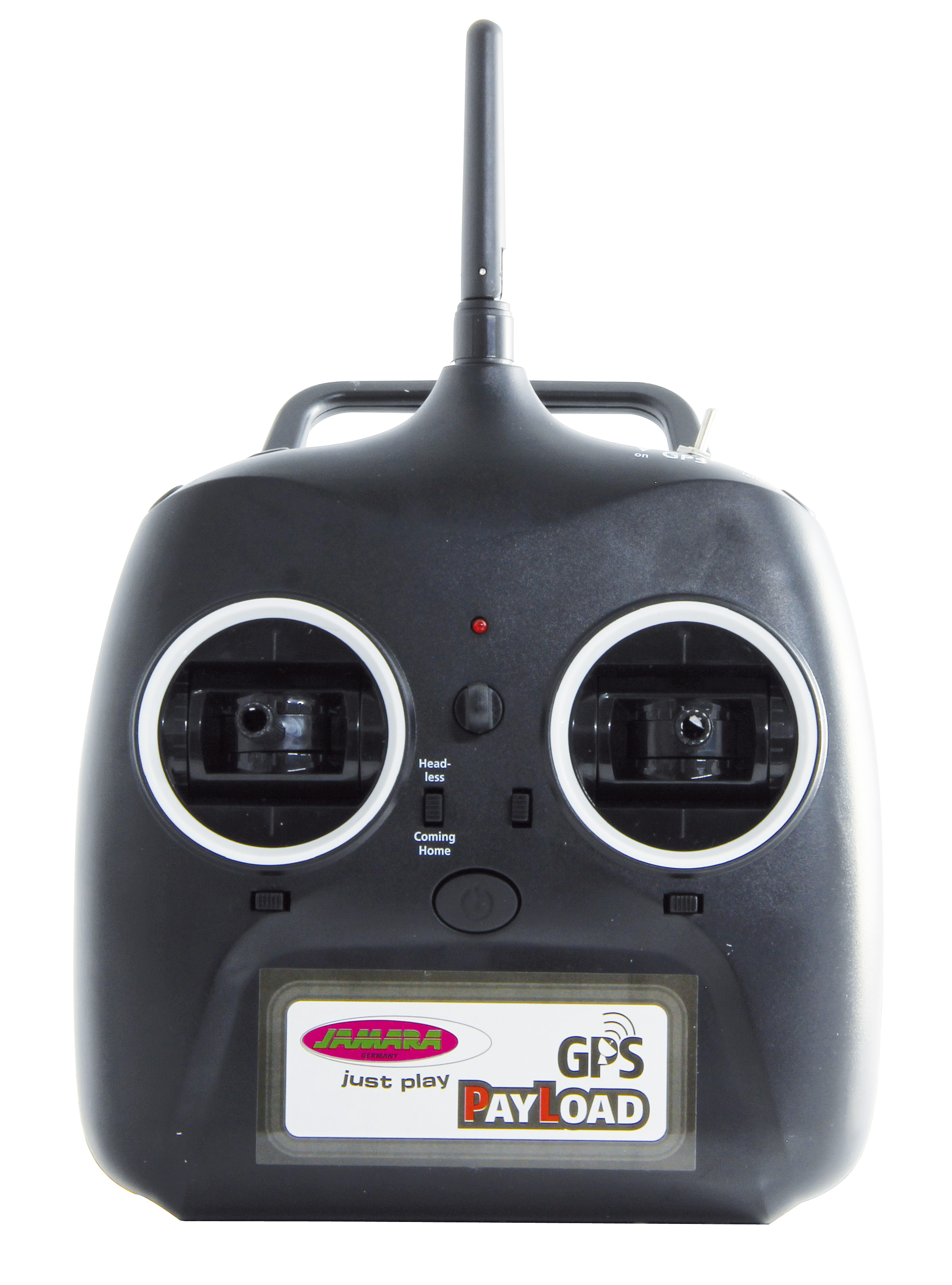 Czarny pilot z dwoma joystickami, oznaczonymi przyciskami i anteną, do drona.