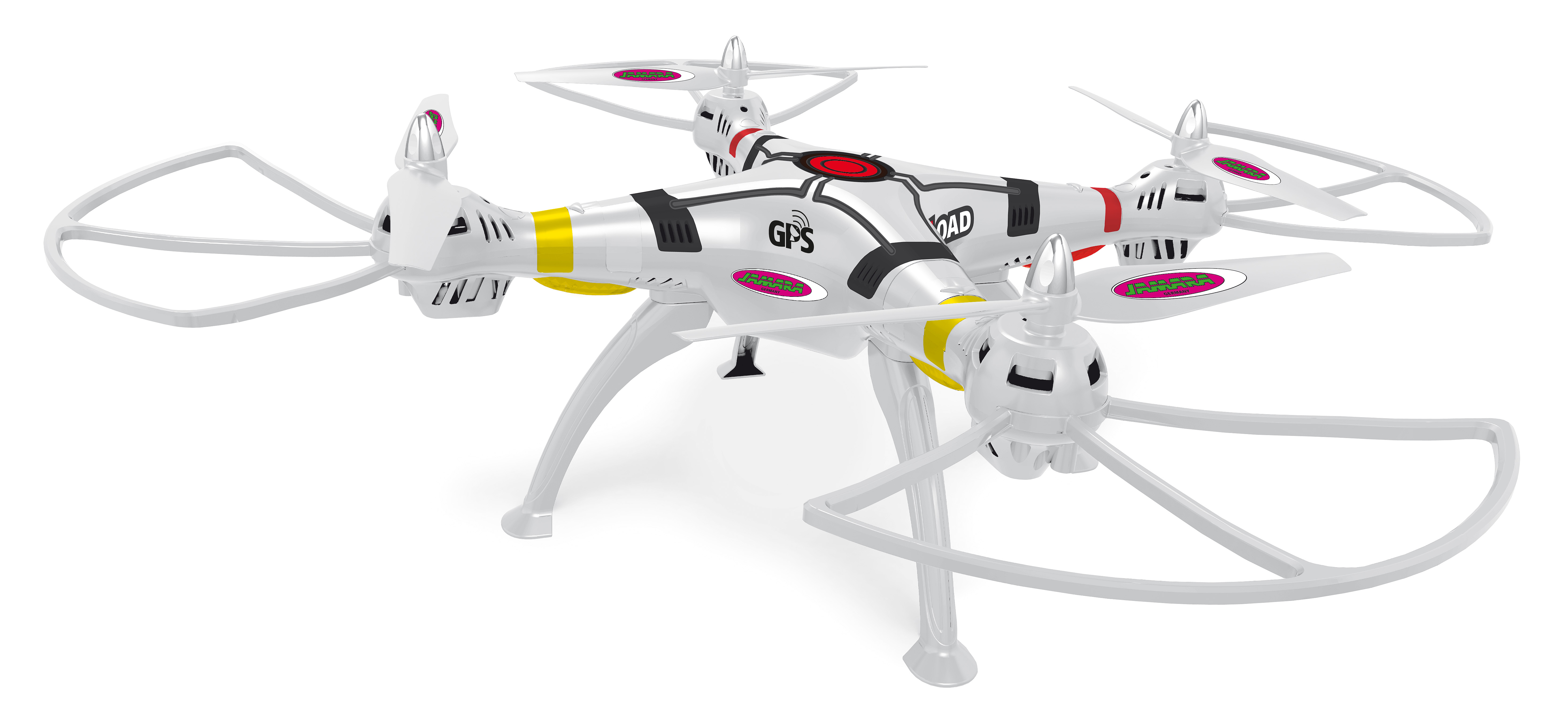 Dron z białą ramą, czterema śmigłami i etykietą GPS. Dron spoczywa na białej powierzchni.