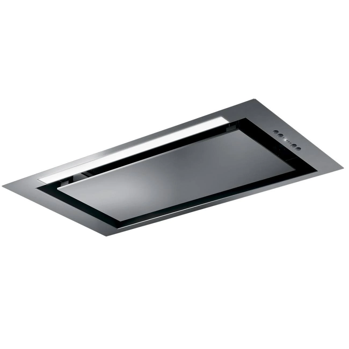Una cappa a scomparsa rettangolare con un apparecchio di illuminazione. È di colore metallico e ha un pannello di vetro.