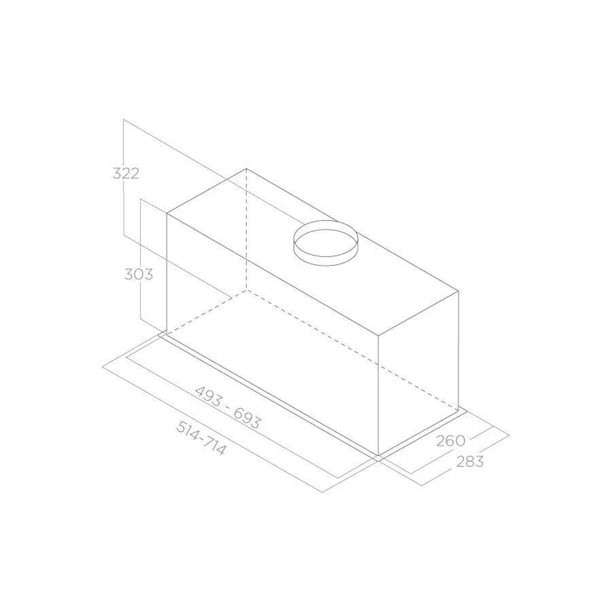 Un disegno tecnico di un oggetto rettangolare, con dimensioni espresse in millimetri. L'oggetto è bianco.