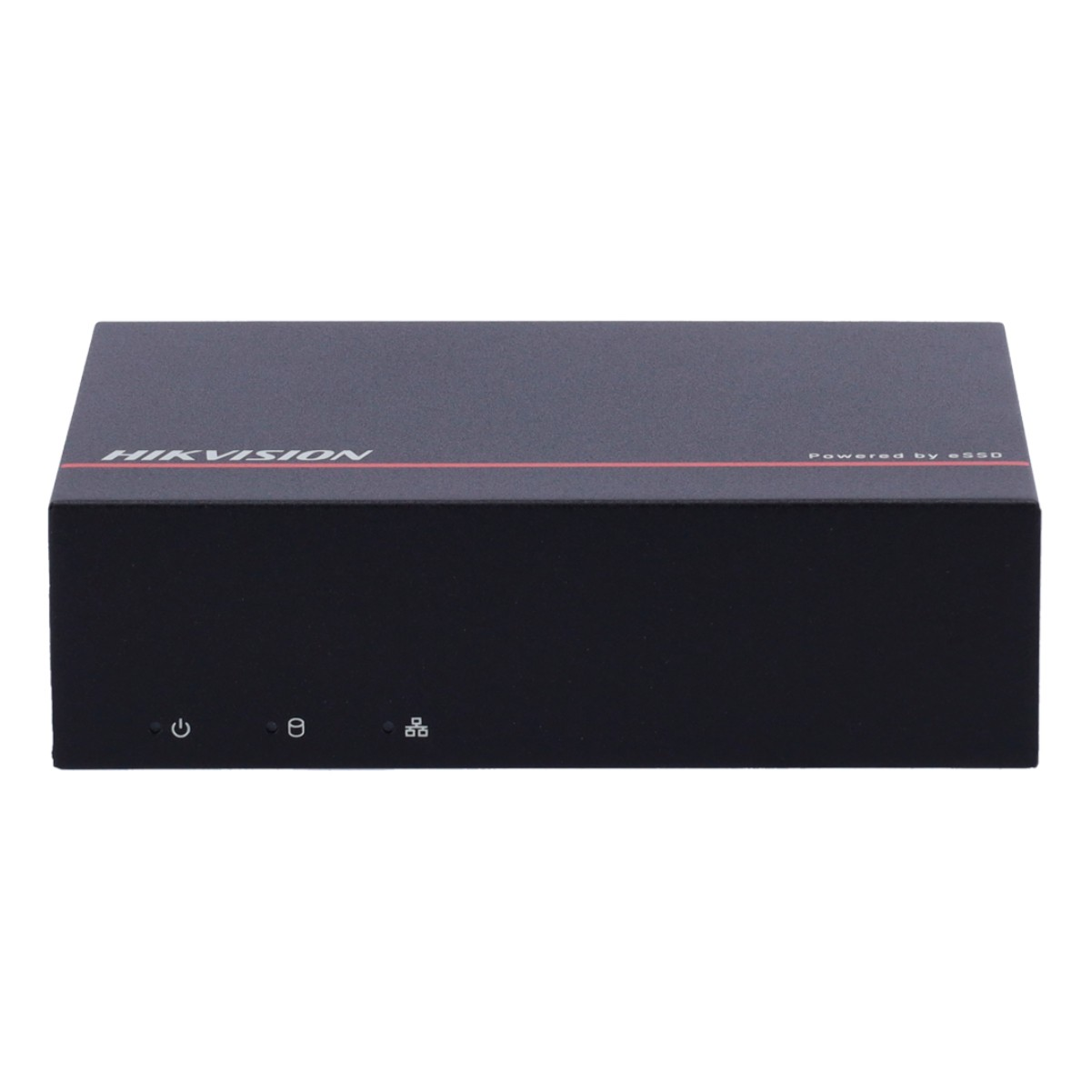 Dispositivo rettangolare nero con il logo HIKVISION e il testo Powered by eSSD. Ha un pulsante di accensione.