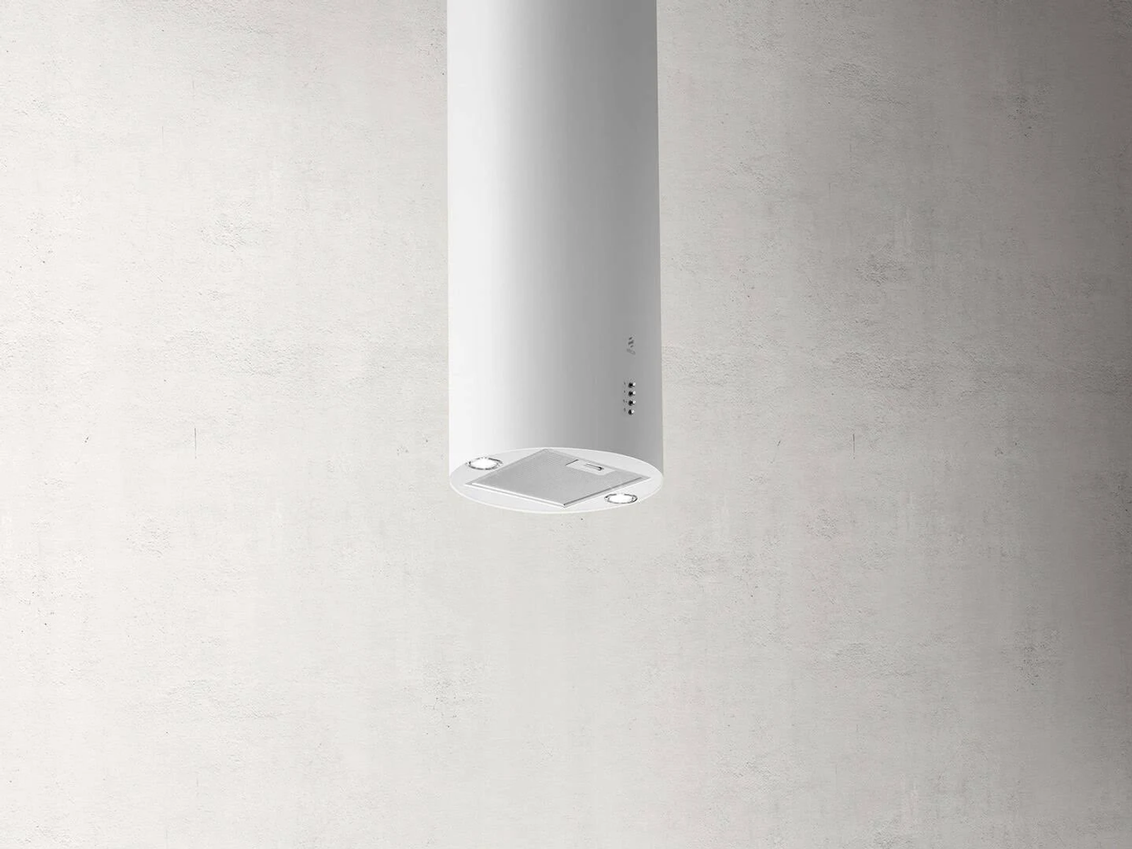 Cappa da cucina cilindrica bianca appesa al soffitto. Ha un design circolare, con luci e un filtro.