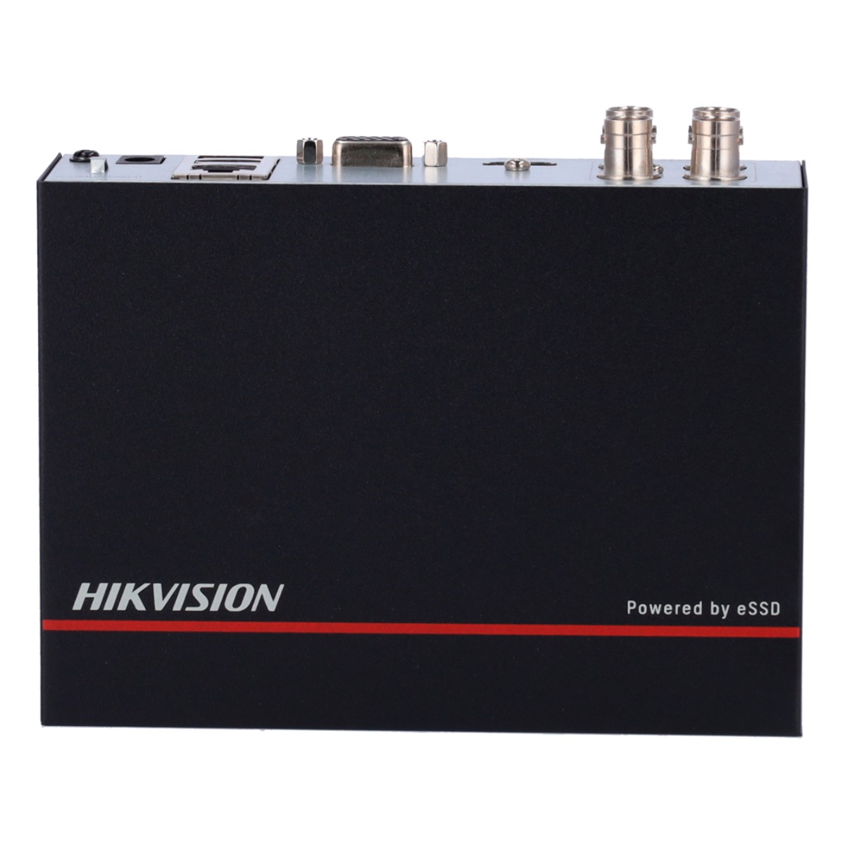 Vista dall'alto di un DVR di sicurezza nero con il logo Hikvision e porte visibili sul lato.
