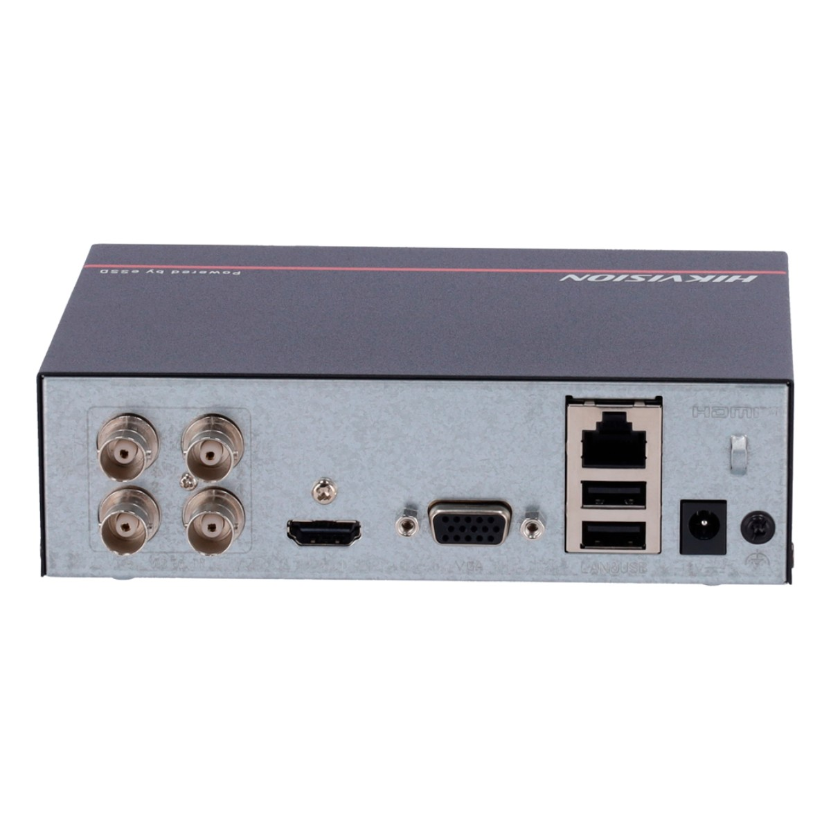 Vista posteriore di un DVR di sicurezza nero con varie porte e il logo Hikvision.
