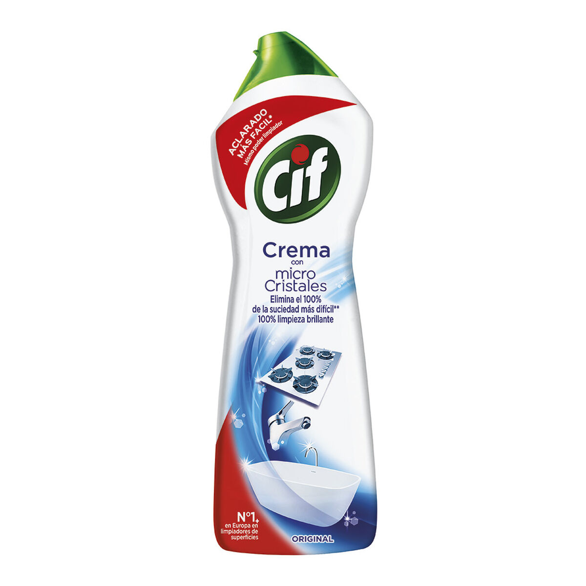 Una bottiglia di crema detergente Cif, con tappo verde ed etichetta che mostra attività di pulizia e una superficie bianca.
