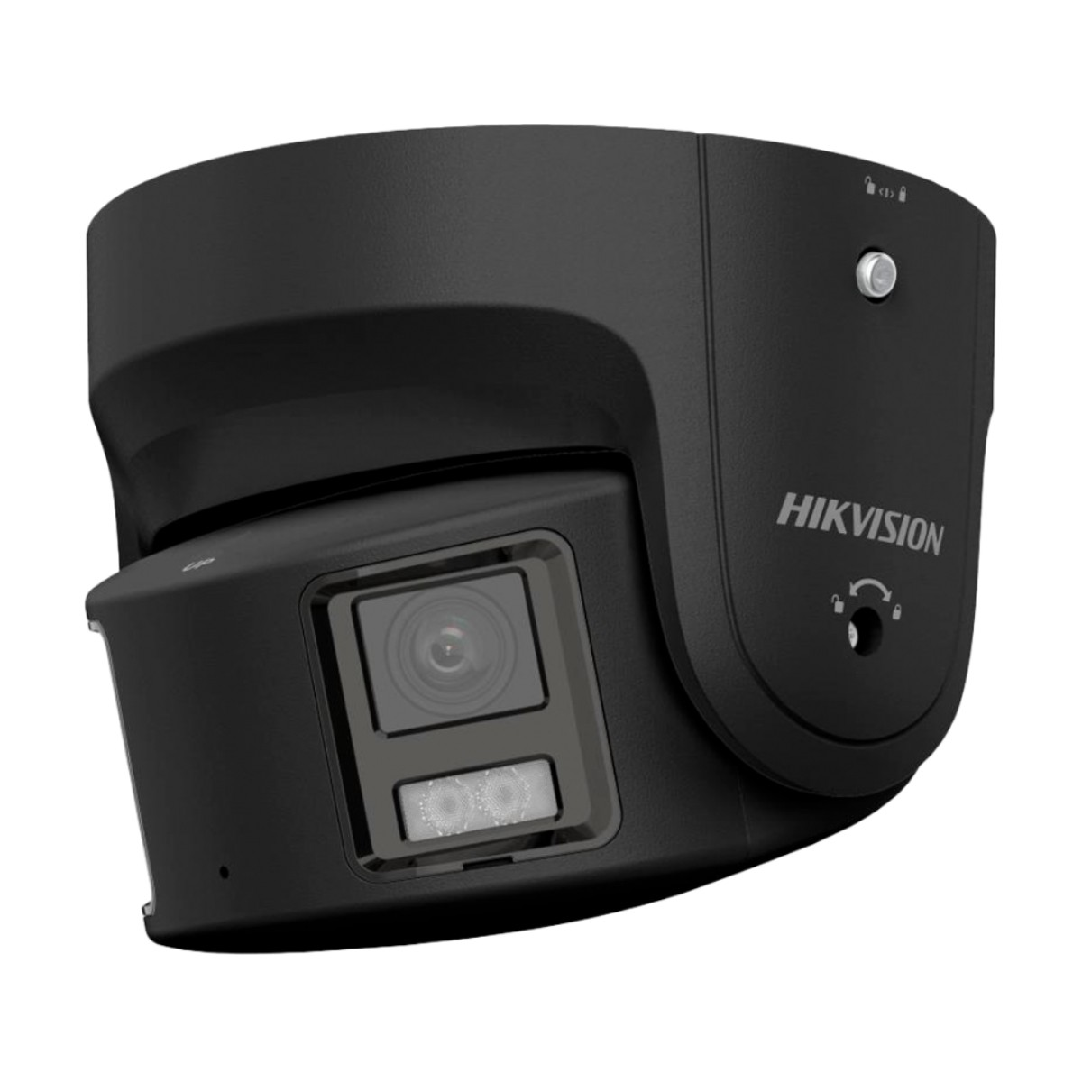 Czarna kamera bezpieczeństwa z obiektywem i głośnikiem.