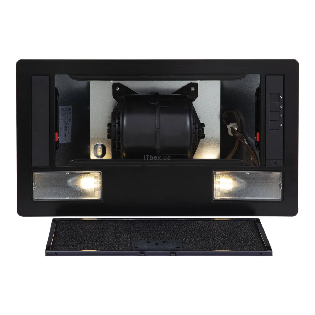 Czarny okap z oświetleniem, widok wewnętrzny.