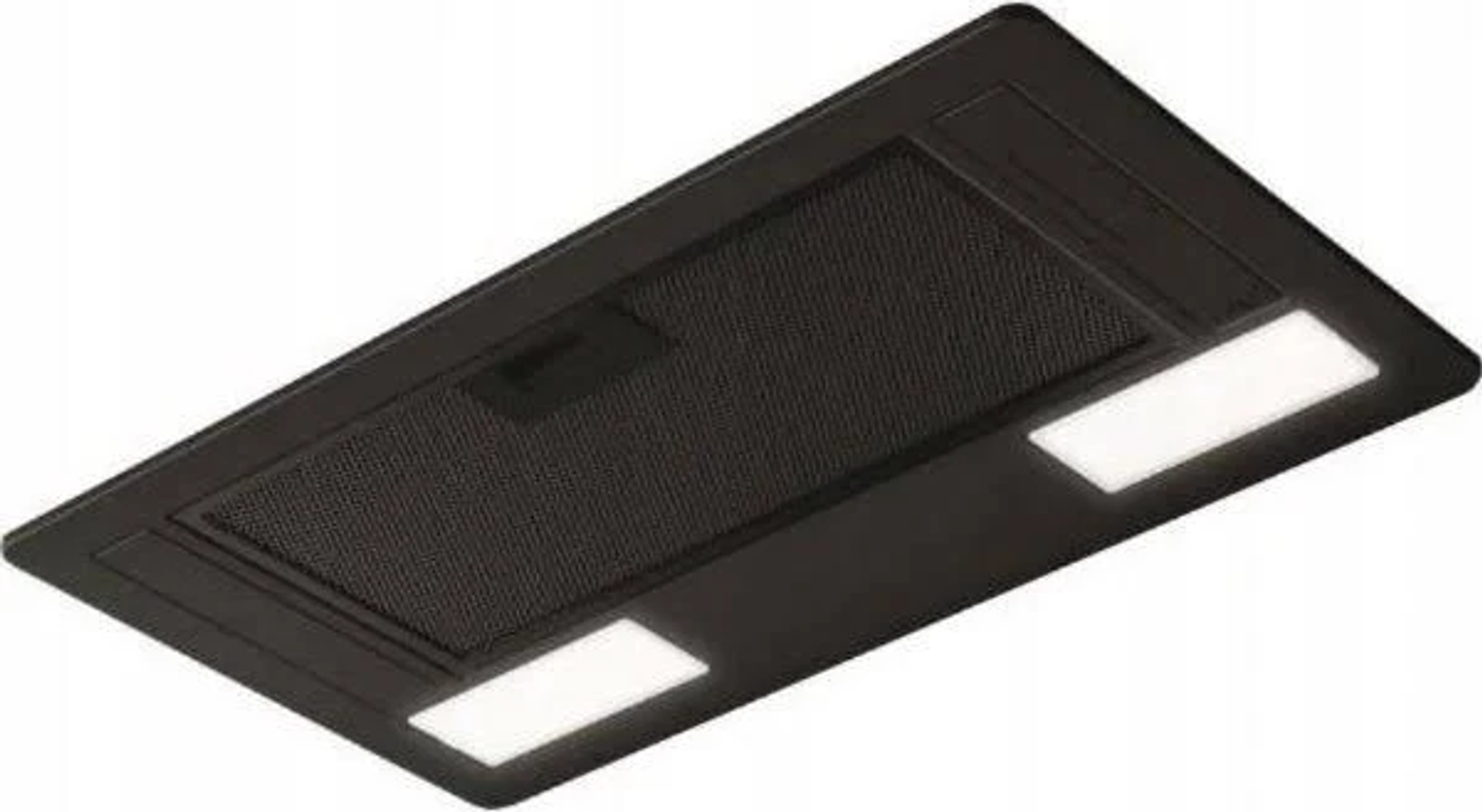 Czarny okap kuchenny z oświetleniem.