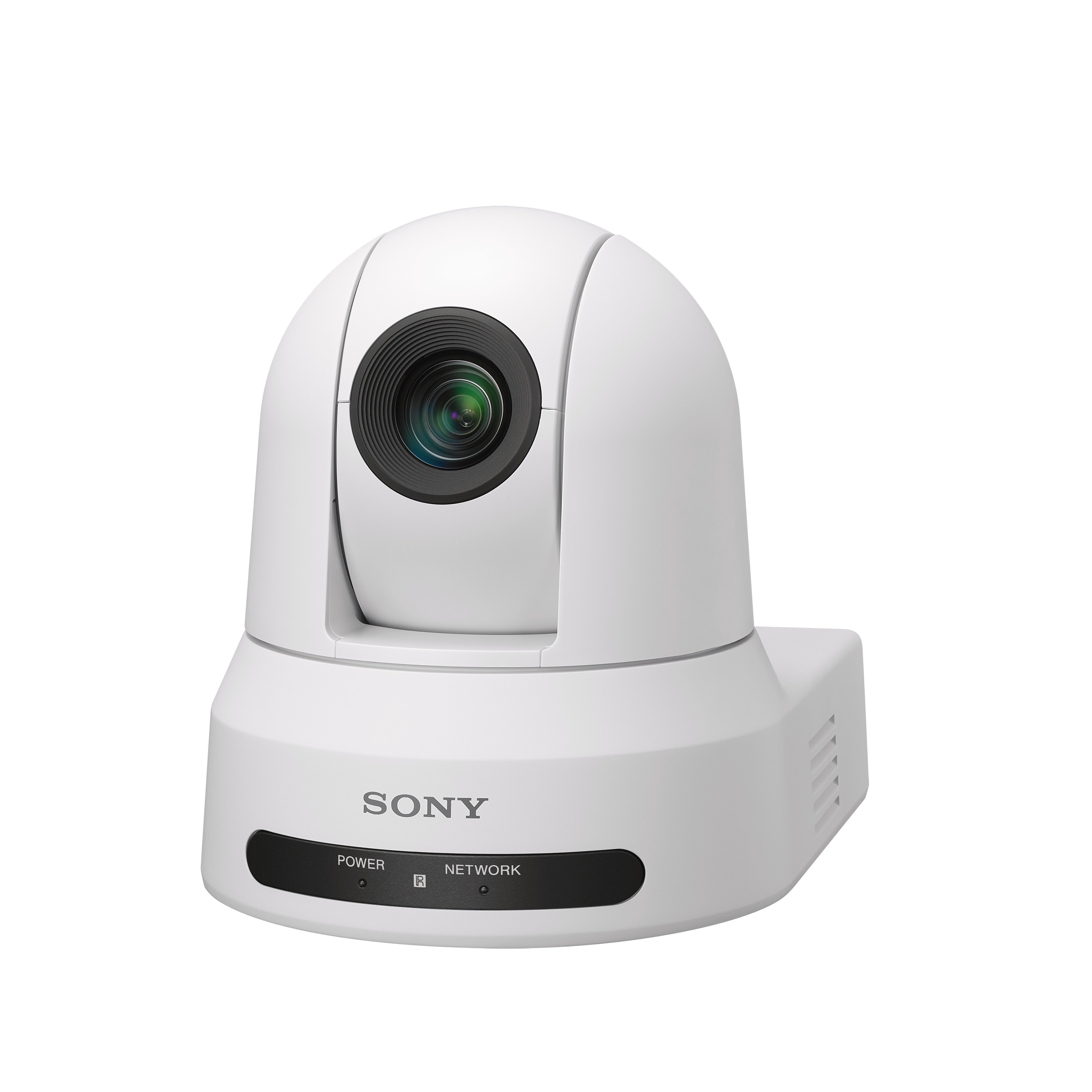 Telecamera PTZ Sony bianca con obiettivo nero, indicatori di alimentazione e rete, su sfondo bianco.