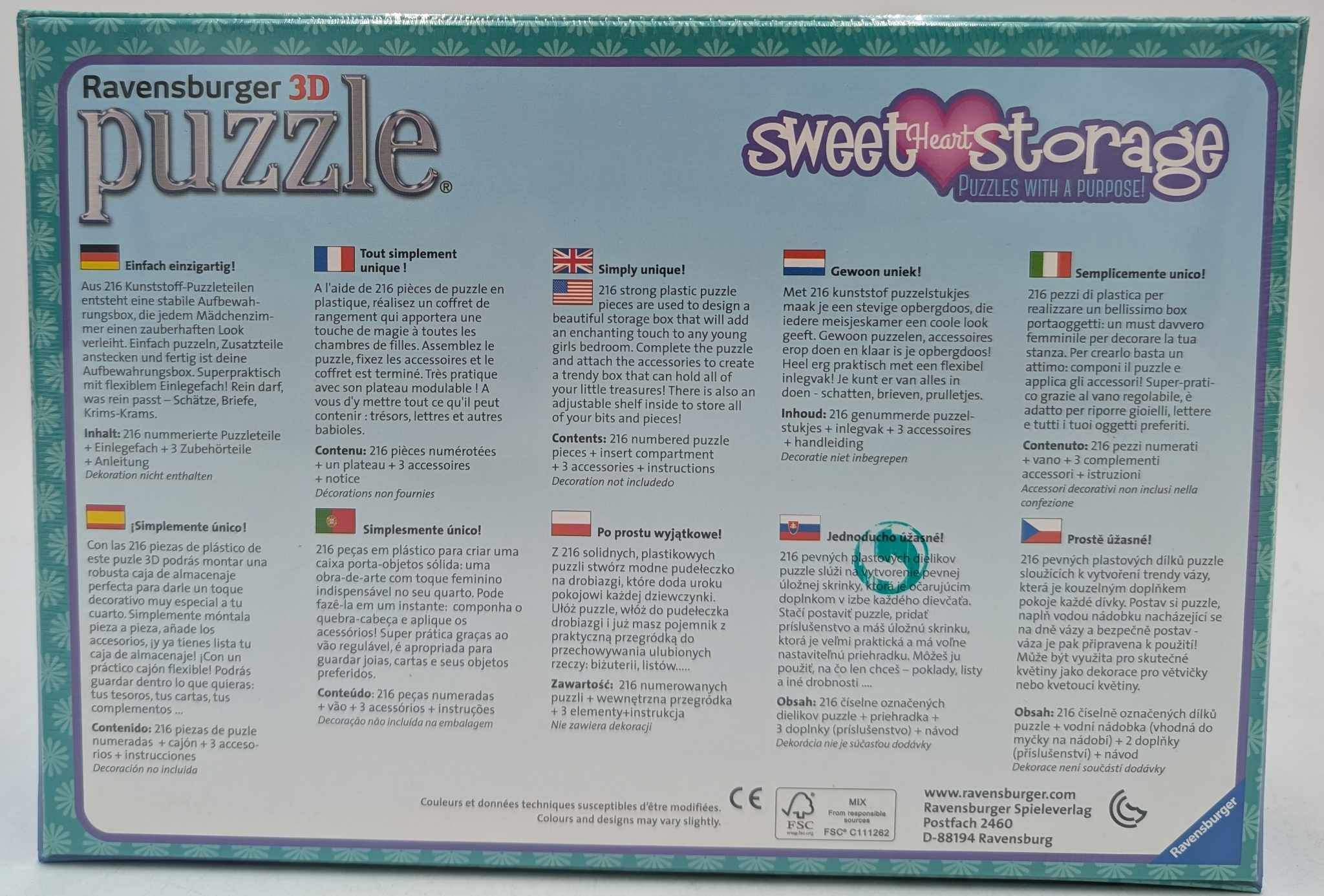 Box mit Text in mehreren Sprachen. Es ist eine 3D-Puzzle-Box zur Aufbewahrung.