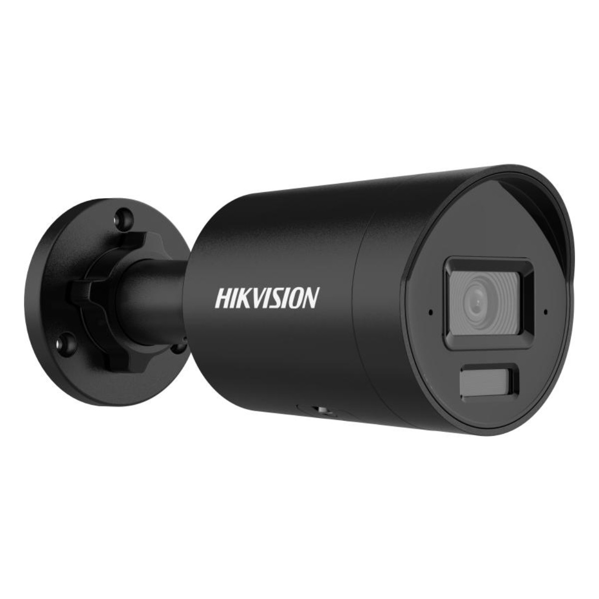 Schwarze Überwachungskamera an der Wand. Der Markenname ist 'HIKVISION'.