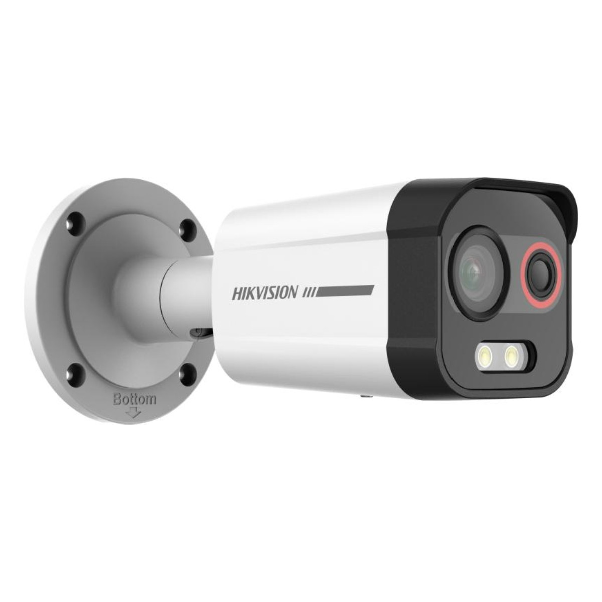 Eine weiße und schwarze Überwachungskamera mit dem Namen 'HIKVISION'.