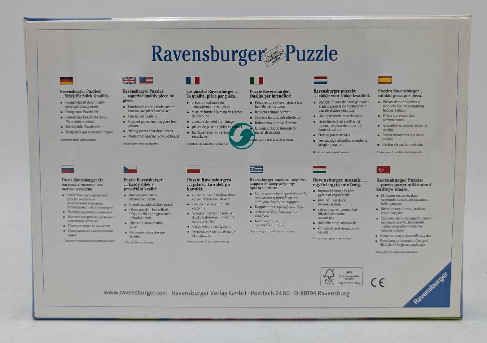 Rückseite einer Puzzelbox mit Text in mehreren Sprachen, blauem Hintergrund und Logo.