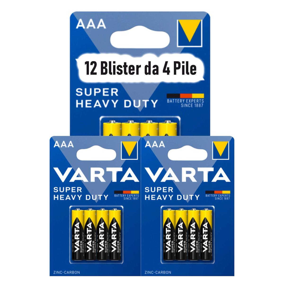 Trzy opakowania baterii Varta. Każde ma cztery baterie w blistrze.
