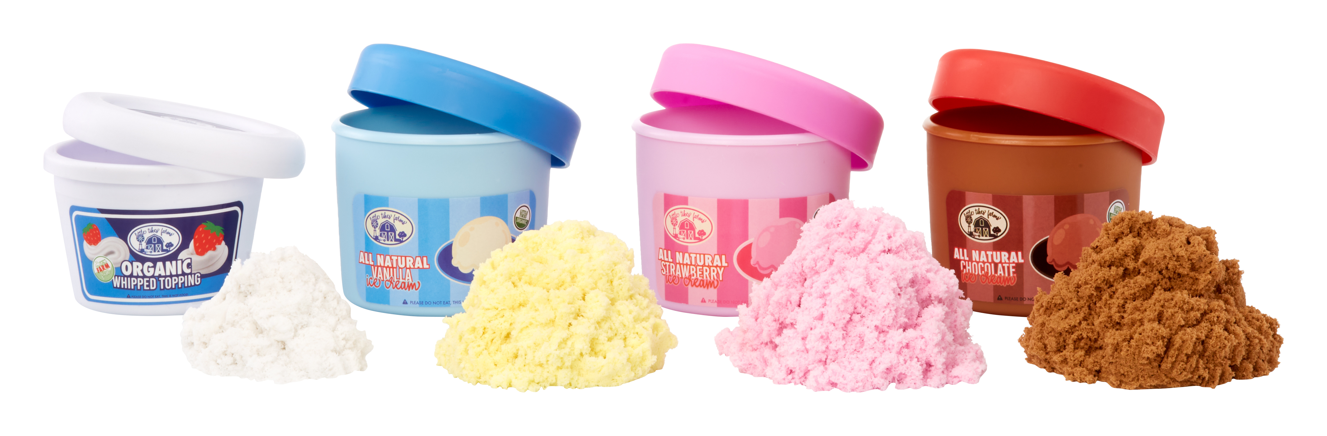 Sammlung von Dessert-Toppings. Schlagsahne, Vanille, Erdbeere und Schokolade. Weißer Hintergrund.