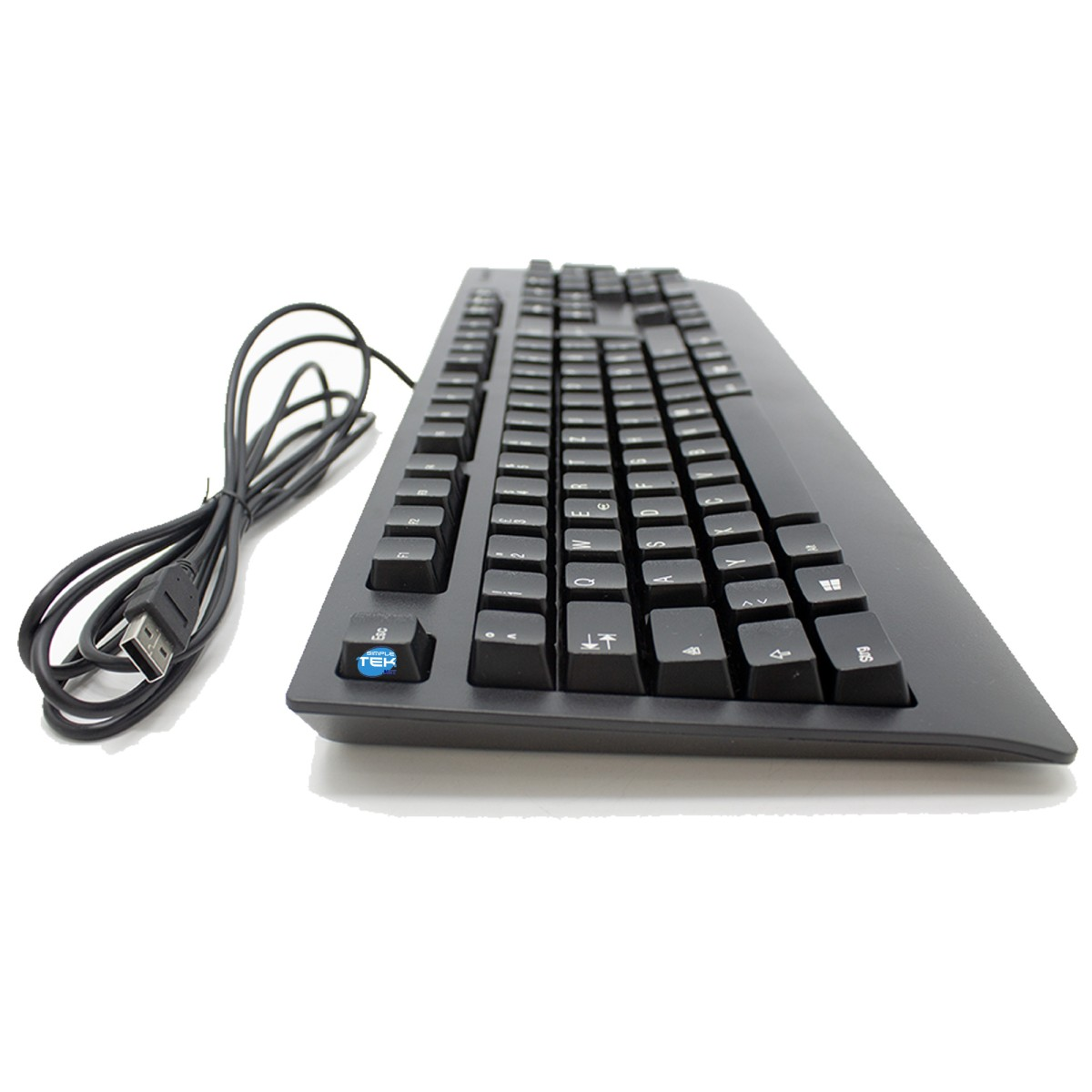 Schwarze Tastatur, schräge Ansicht, mit einem USB-Kabel. Weißer Hintergrund. Die Tasten sind sichtbar.