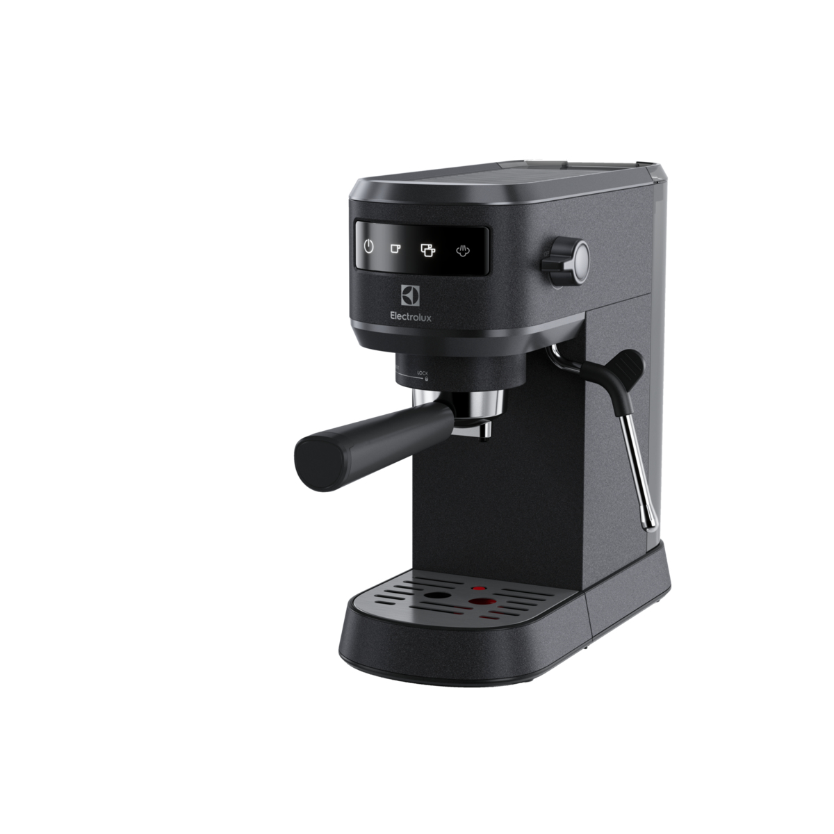 Macchina per caffè espresso nera. Sfondo bianco. La macchina ha una maniglia e dei pulsanti.