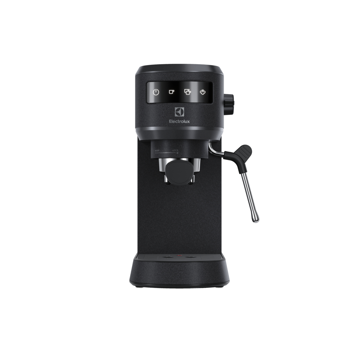 Macchina per espresso nera Electrolux. Ha portafiltro, lancia vapore e pulsanti di controllo.