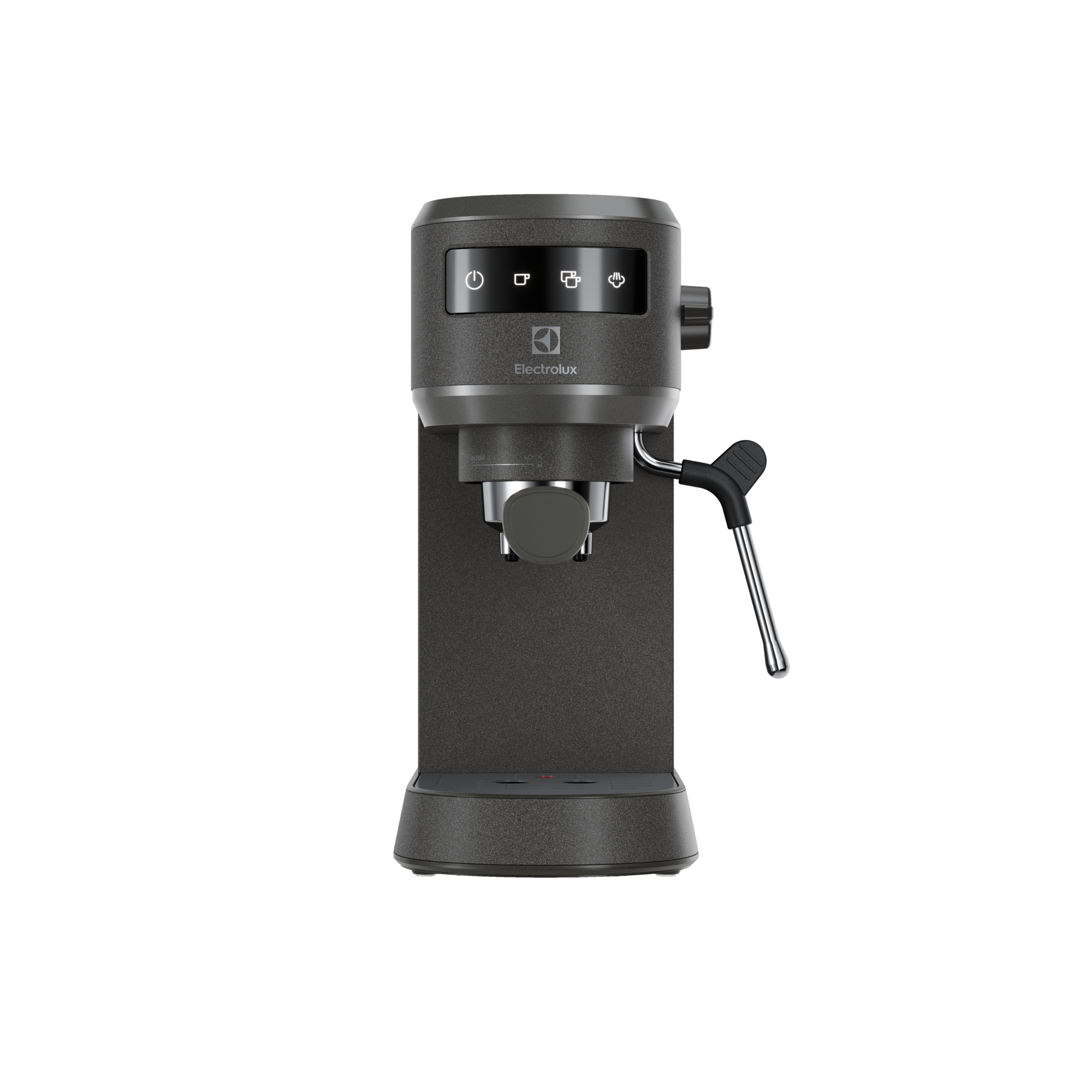 Macchina per espresso grigio scuro. Il logo Electrolux è visibile. La macchina ha una maniglia nera.
