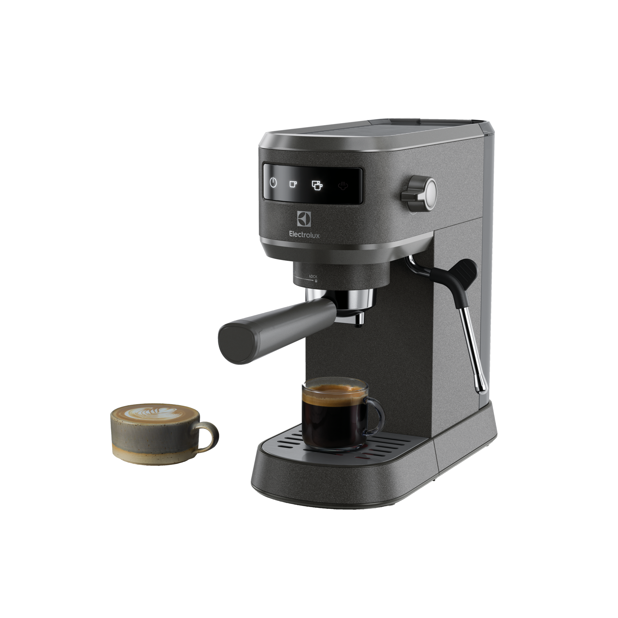 Macchina per espresso grigia con caffè e latte. La macchina ha una lancia a vapore.
