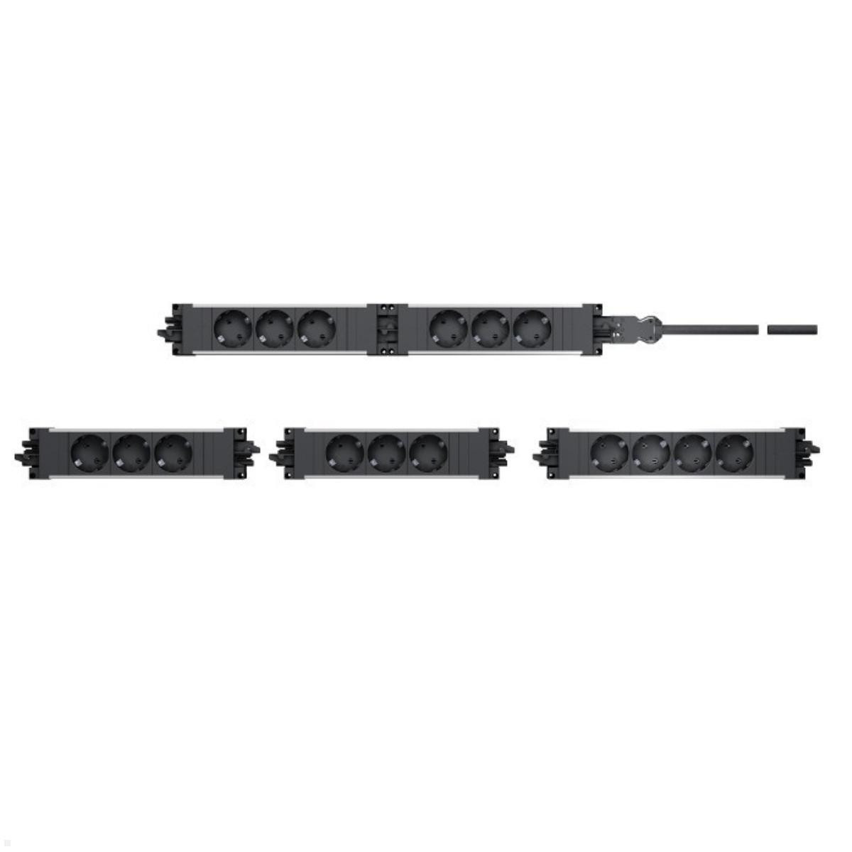 Widok z góry na listwy zasilające. Istnieją cztery listwy. Każda listwa ma wiele gniazd.