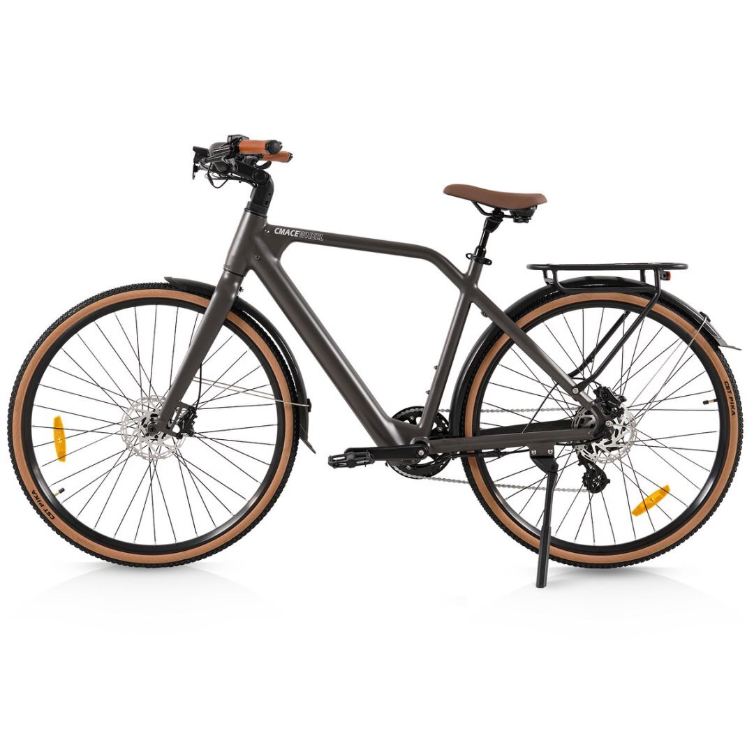 Ein dunkelgraues Fahrrad mit braunen Reifen und Sattel auf weißem Hintergrund. Es hat einen Gepäckträger.