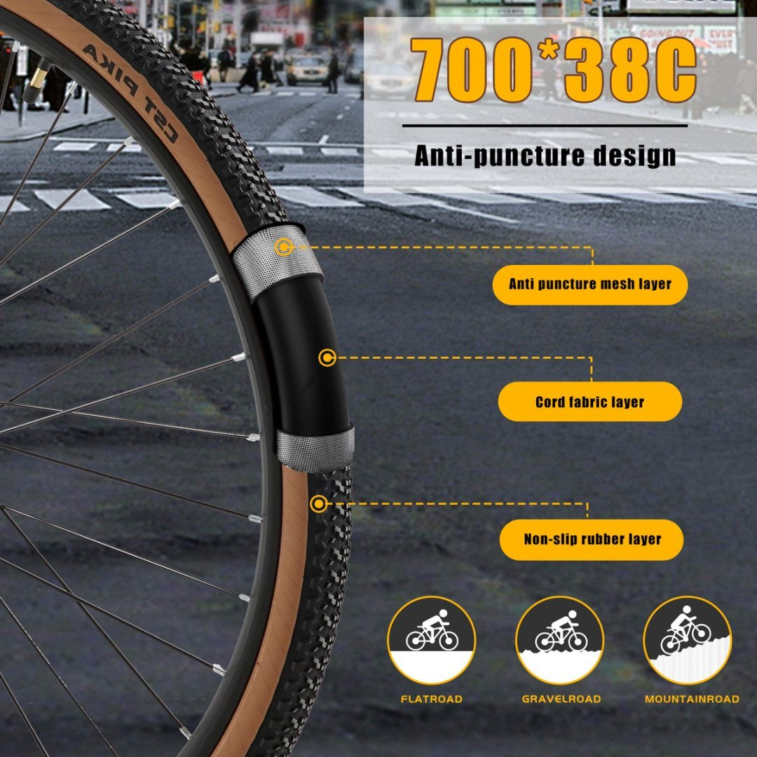 Nahaufnahme eines Fahrradreifens mit Schichten und Text, der ein Pannenschutzdesign anzeigt.