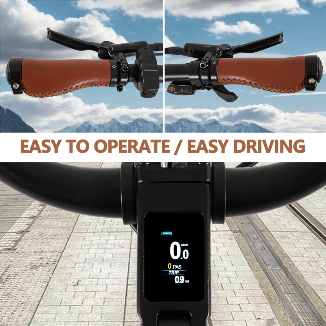 Nahaufnahme eines Fahrradlenkers mit braunen Griffen und einem Bildschirm, der Geschwindigkeit und Akkulaufzeit anzeigt.
