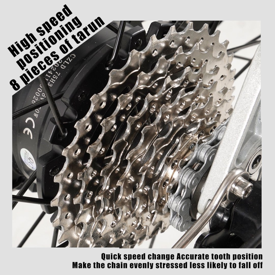 Nahaufnahme von Fahrradzahnrädern und Kette. Text: Highspeed-Positionierung, schneller Gangwechsel.