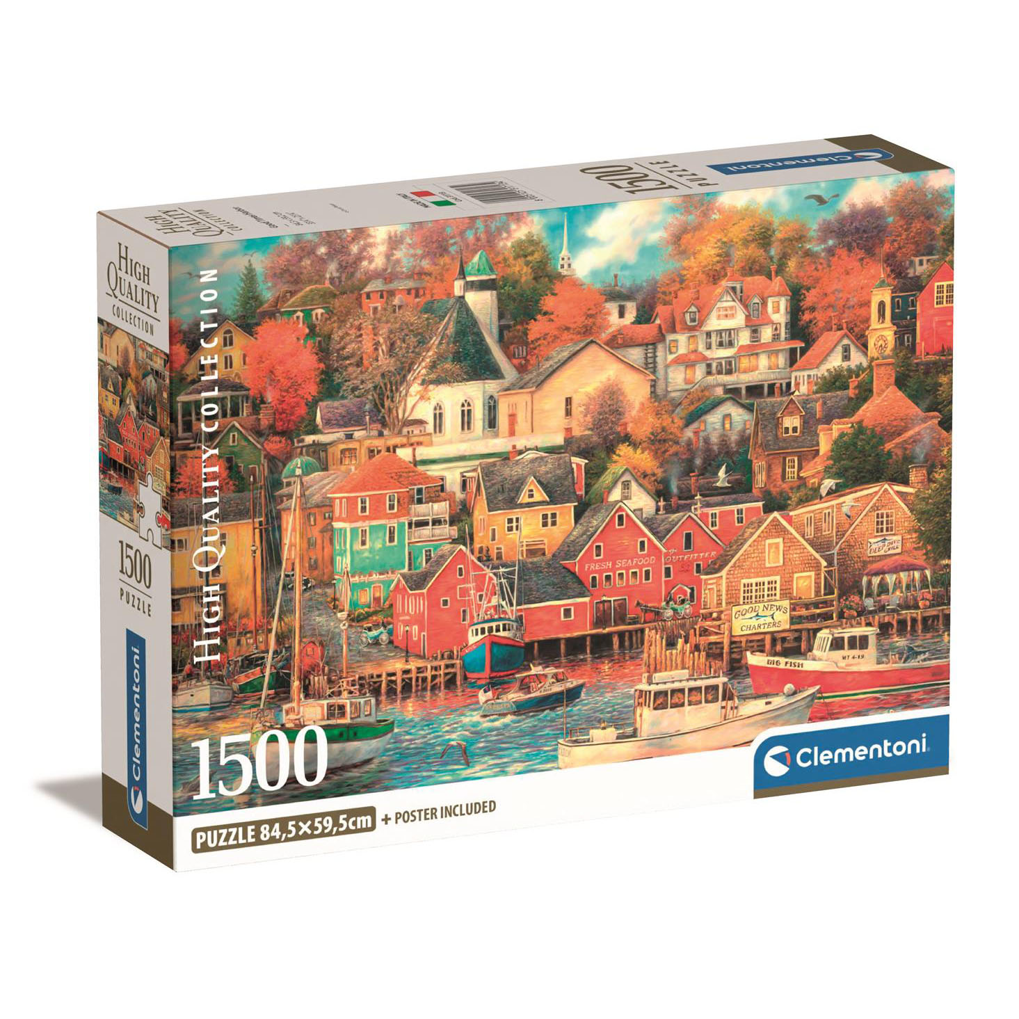 Une boîte de puzzle montrant une scène de port avec des bâtiments colorés, des bateaux et une église en arrière-plan.