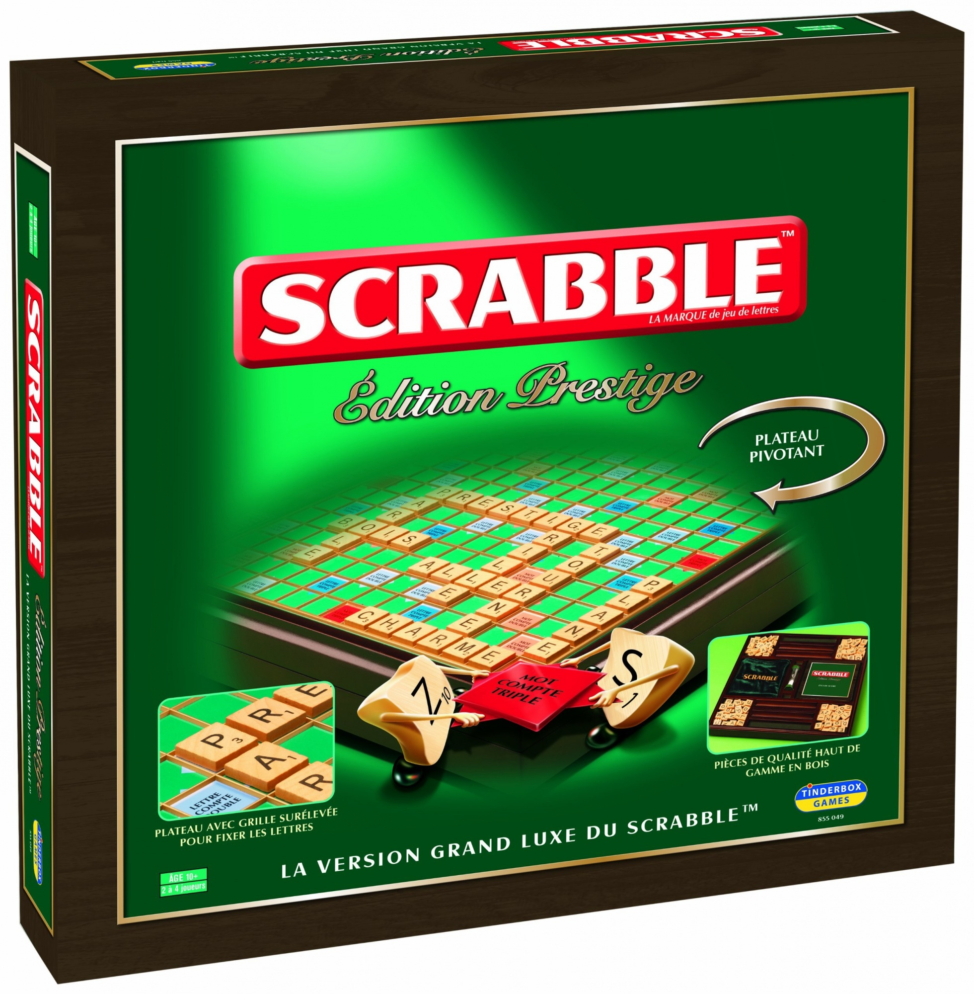 Scrabble editie bordspel doos. Het toont een spelbord, tegels en zegt 'Edition Prestige'. De achtergrond is groen.