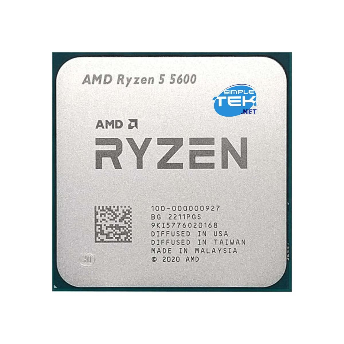 Procesor z tekstem 'AMD Ryzen 5 5600', 'RYZEN' i innymi kodami. Jest srebrny z zieloną obwódką.
