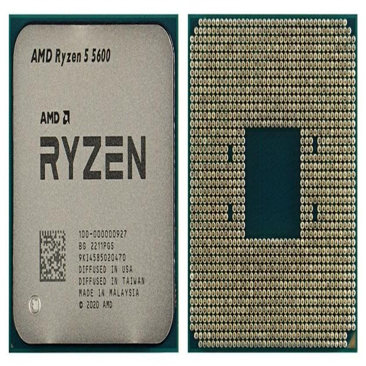 Procesor z tekstem 'AMD Ryzen 5 5600'. Druga strona pokazuje piny. Tło jest białe.