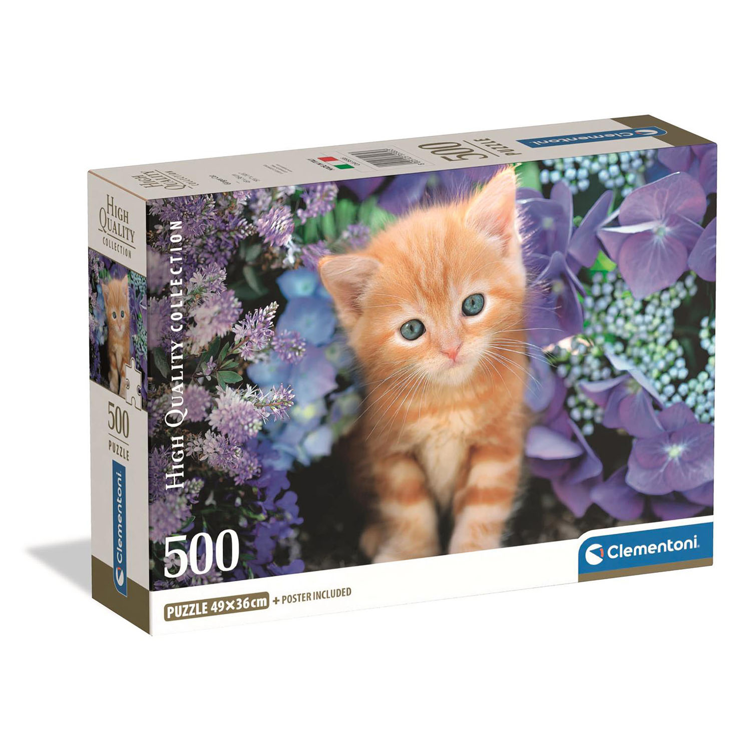 Een puzzelbox toont een oranje katje met blauwe ogen, omringd door paarse en witte bloemen.
