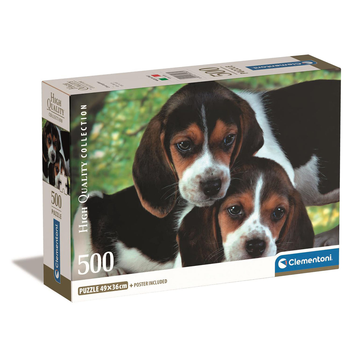 La scatola del puzzle mostra due cuccioli di beagle. Sono neri, bianchi e marroni. La scatola ha un logo che dice alta qualità.