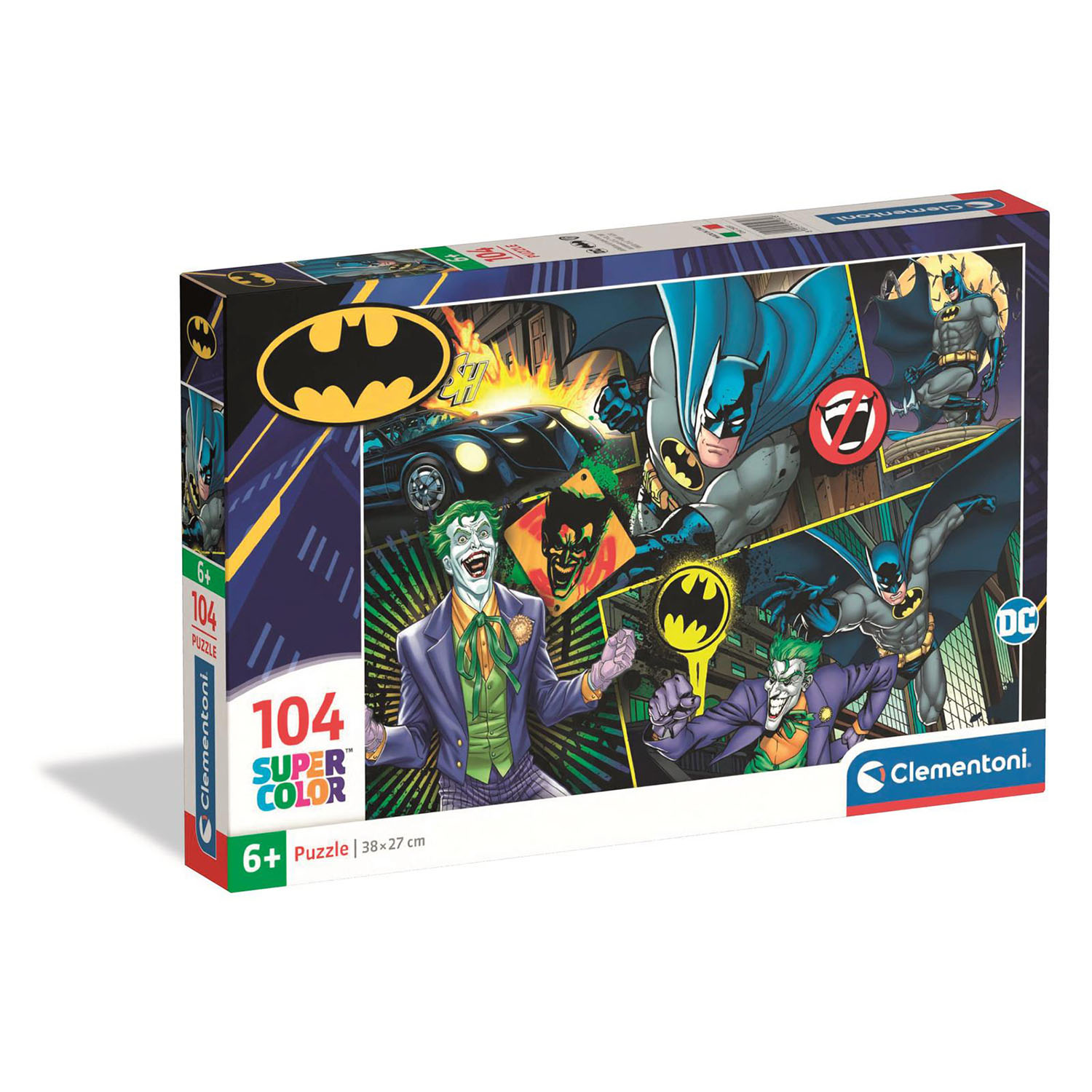 Boîte de puzzle avec Batman et le Joker. La boîte a le logo Batman et les mots 'Super Color'. Âge 6+.