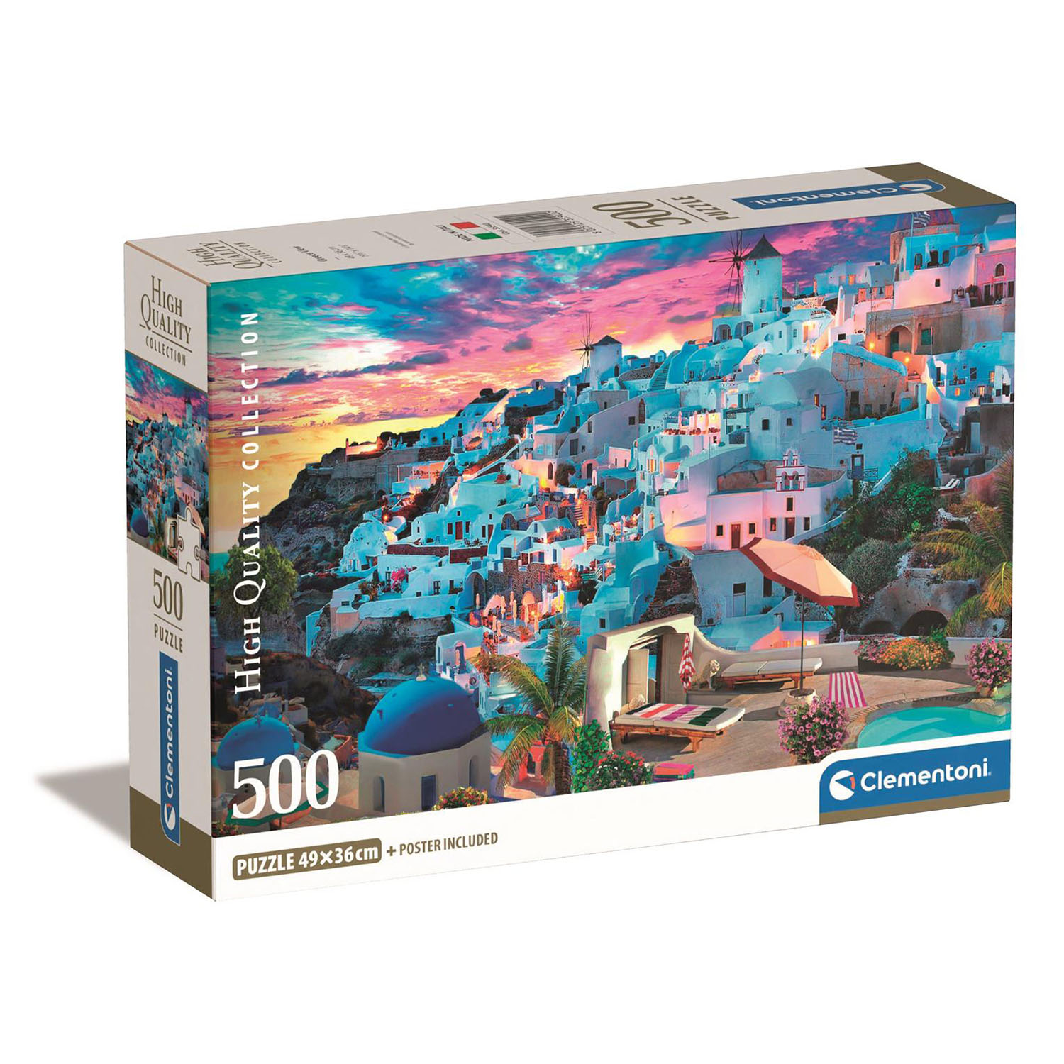 La scatola del puzzle mostra un tramonto su edifici bianchi su una collina. Un ombrellone rosso è a destra, vicino a una piscina.