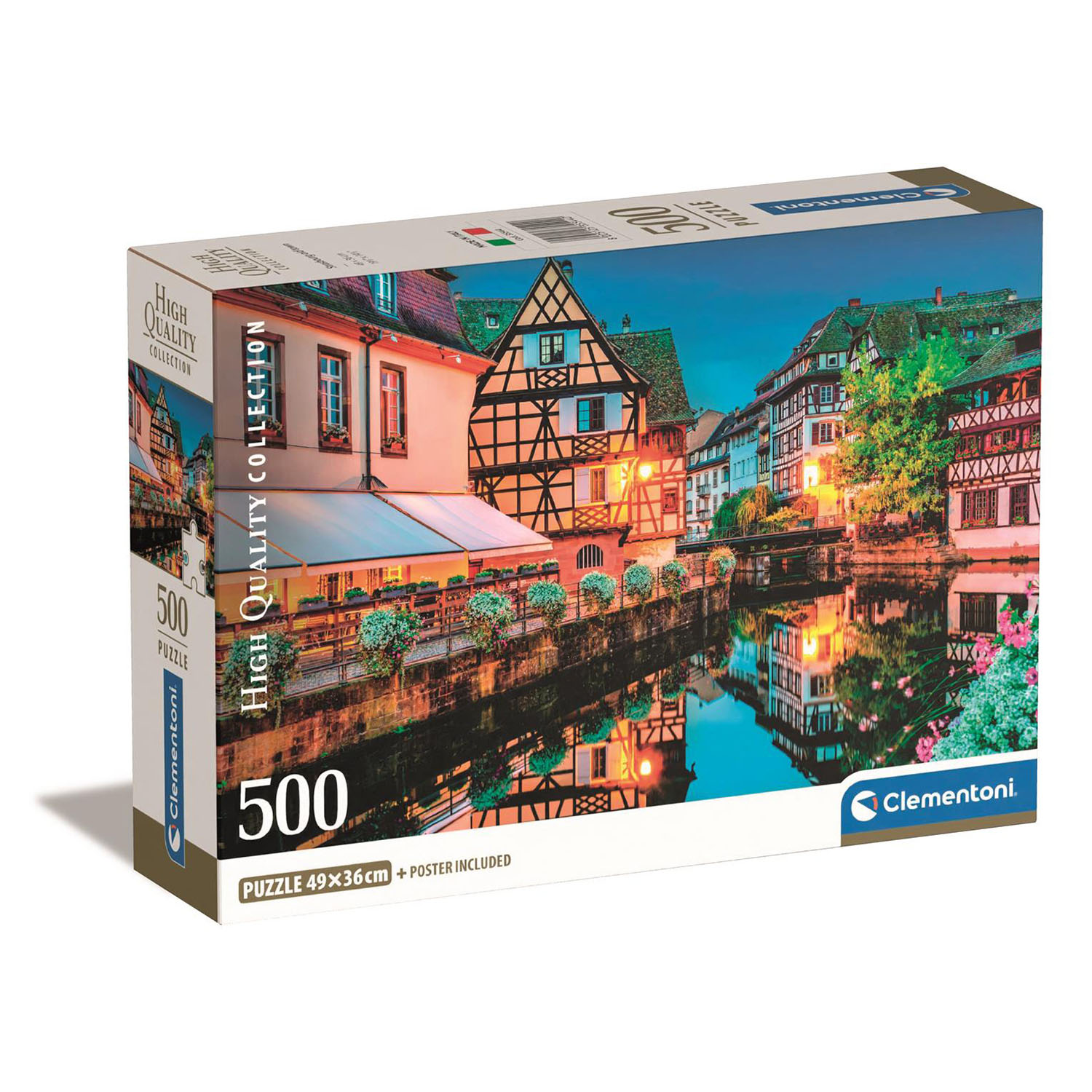 Puzzeldoos toont een rivierscène met gebouwen aan weerszijden. Reflecties in het water en een brug zijn zichtbaar.