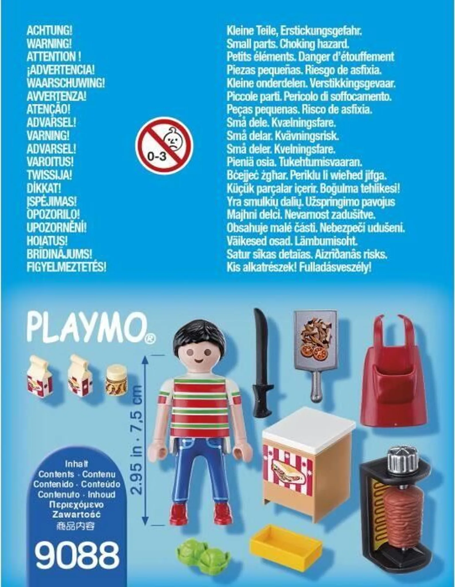 Box mit Playmo-Figuren und Zubehör. Warnhinweise in mehreren Sprachen sind sichtbar.