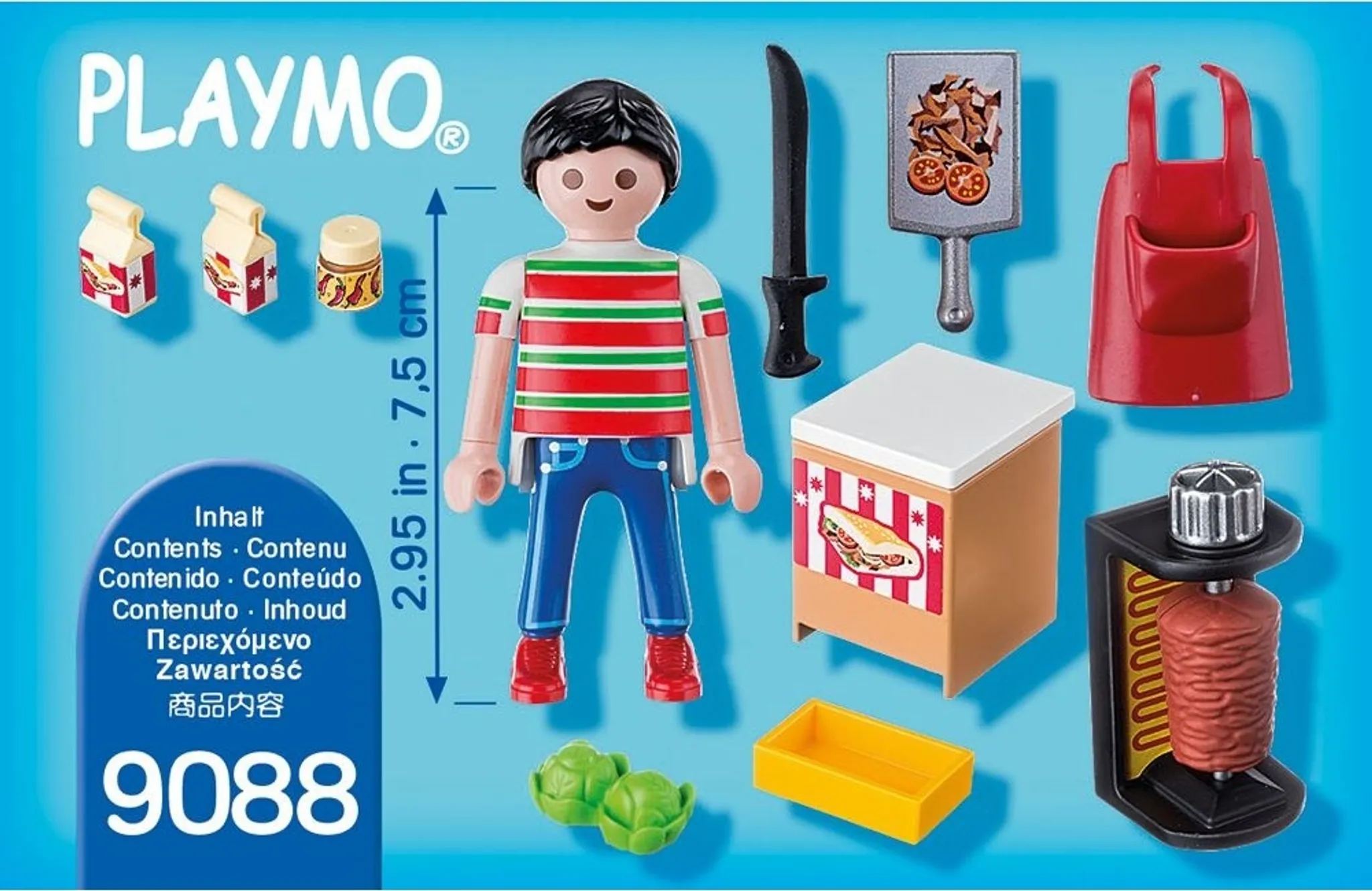 Playmobil-Spielzeugset-Box mit Figur, Döner-Maschine, Zubehör und Text in mehreren Sprachen.