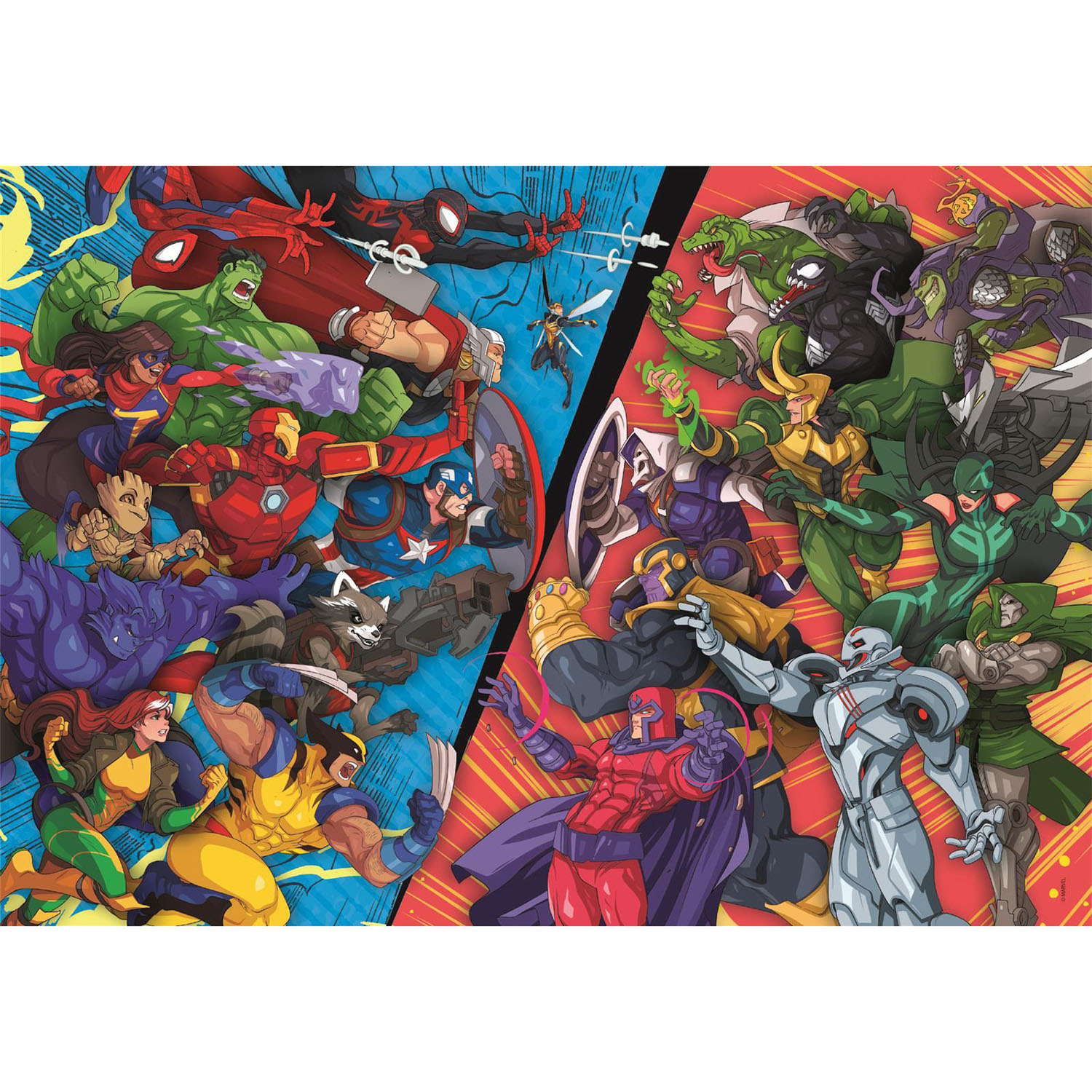 Marvel stripboekcover met helden vs. schurken, in het midden verdeeld door een blauwe lijn.
