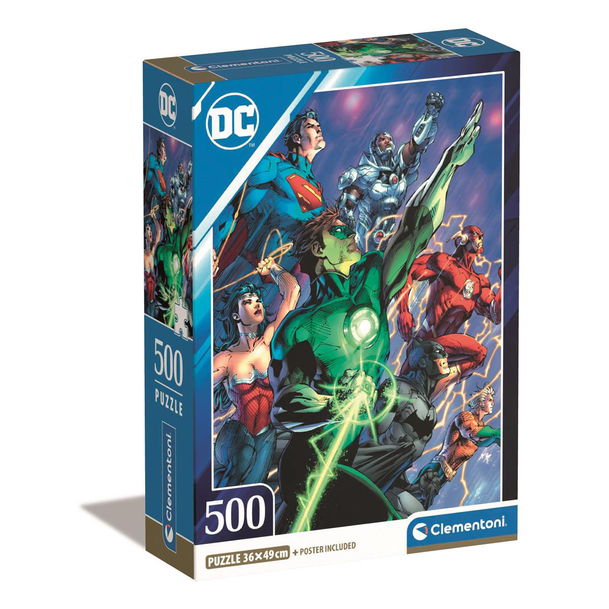 Scatola di puzzle con personaggi DC Comics. Superman, Lanterna Verde e altri.