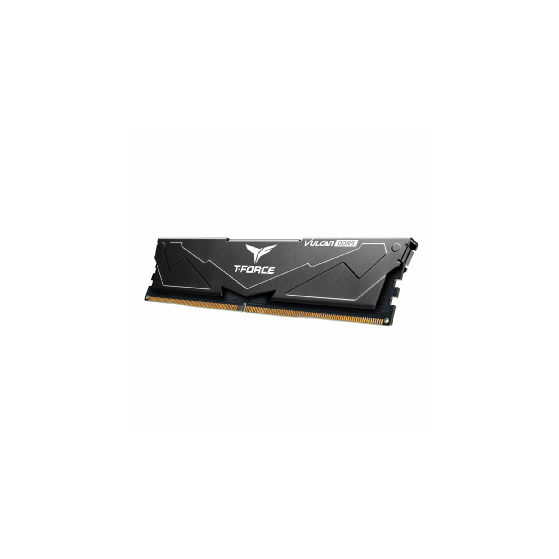 Czarny moduł RAM T-Force Vulcan DDR5. Nazwa marki jest widoczna na module.
