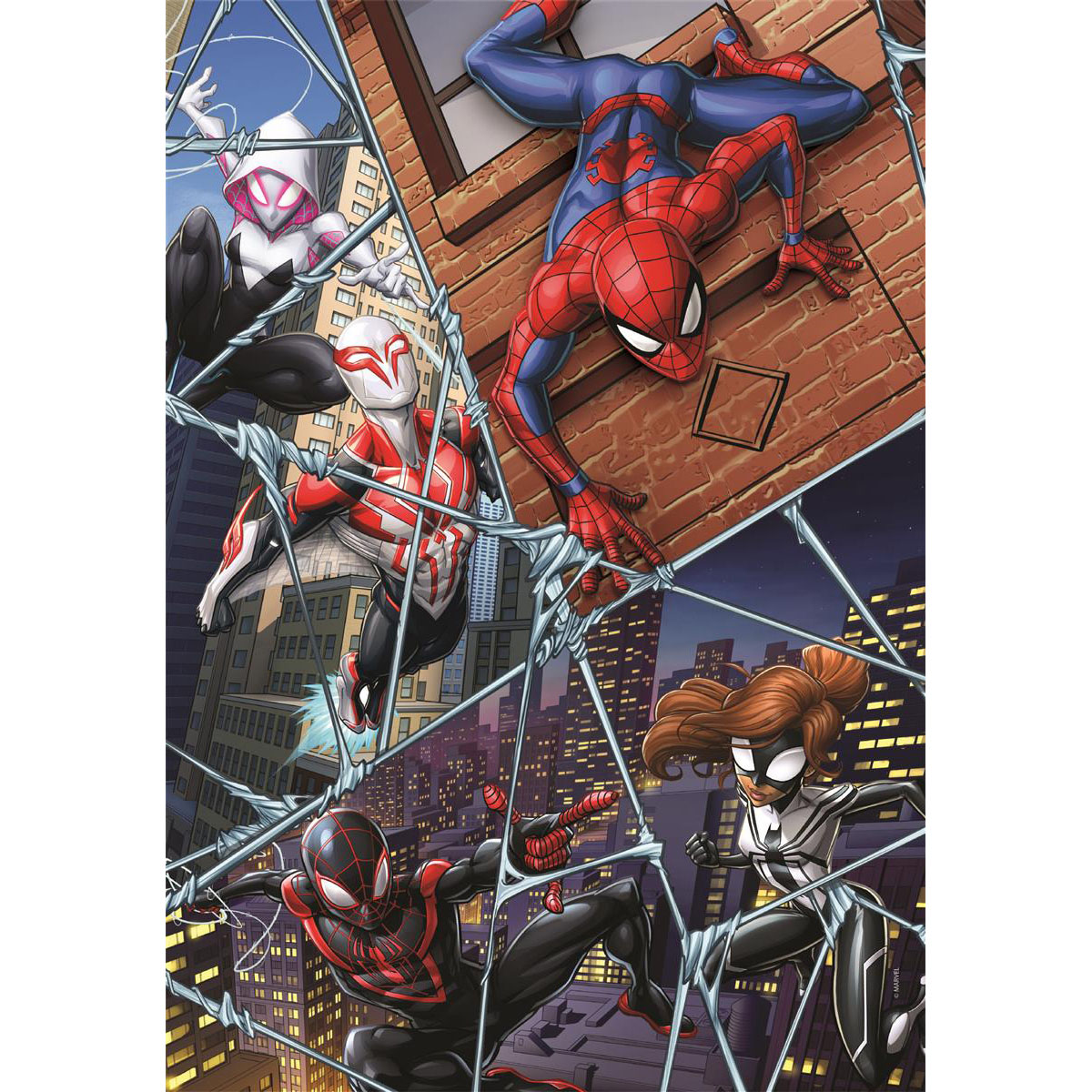 Spider-Man stripboekcover met meerdere Spider-People. Stadsgezicht met web.