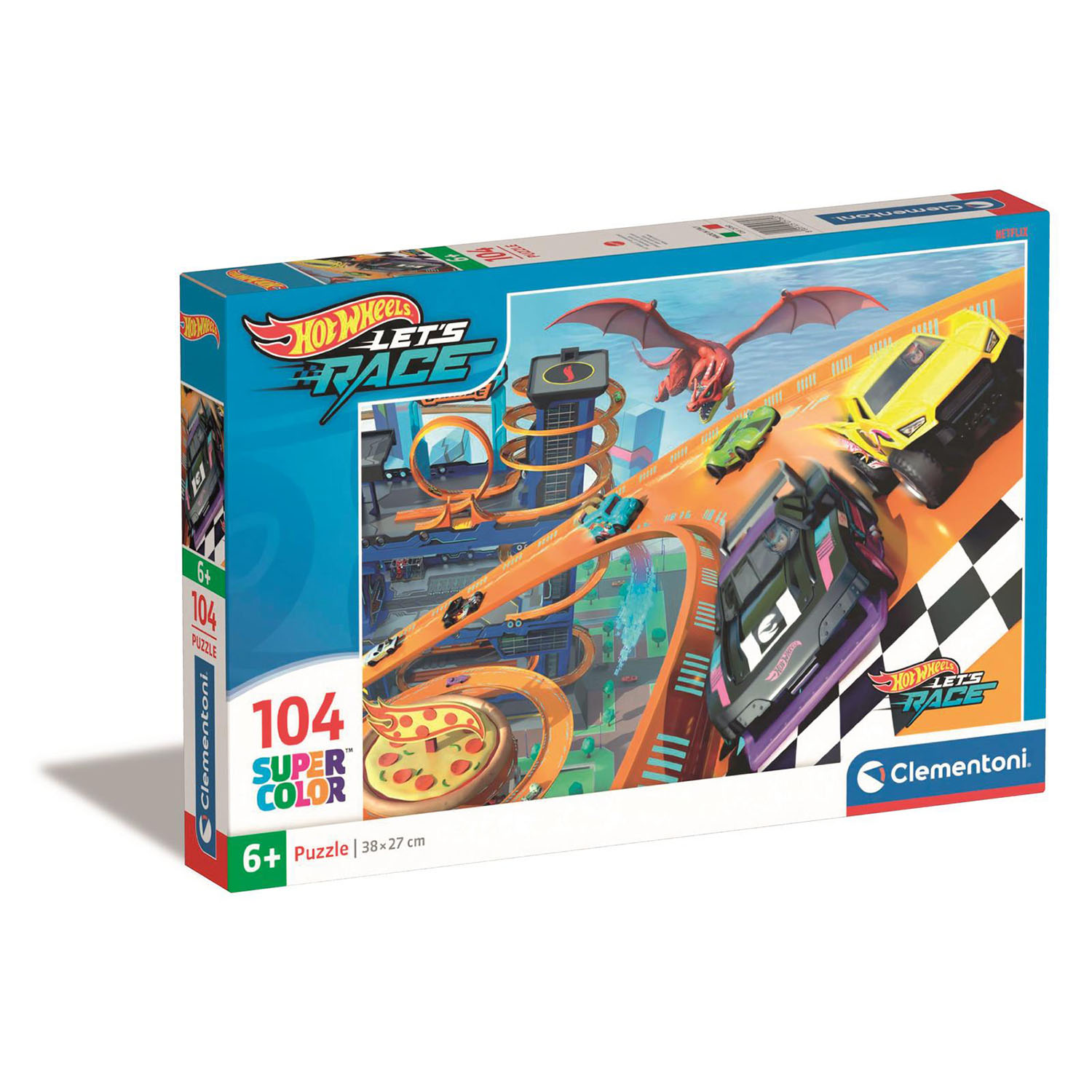Una scatola di puzzle con una pista Hot Wheels con macchine e un drago in un ambiente urbano.