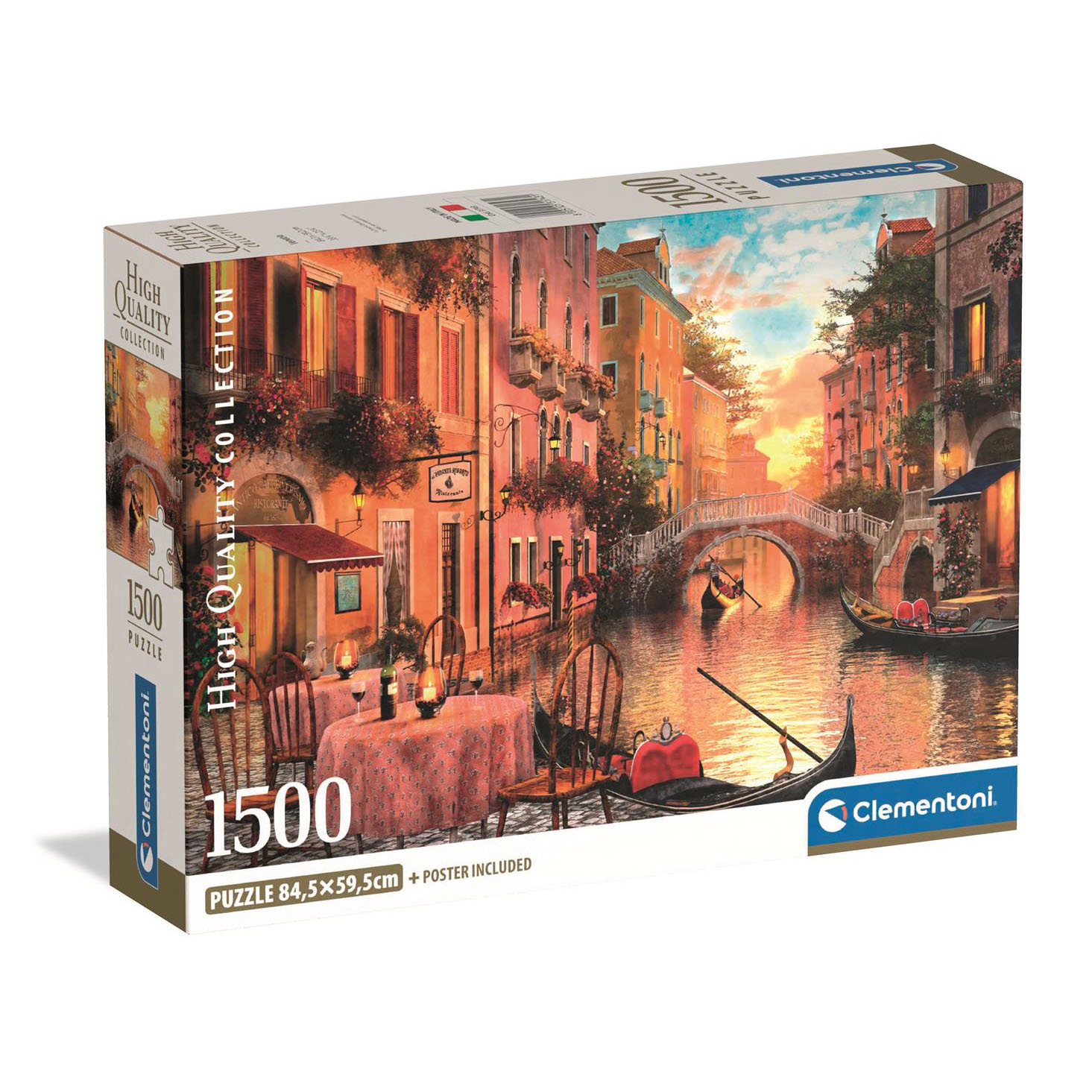 Puzzle in doos van een Venetiaanse kanaalscène met een zonsondergang. Tafel gedekt, gondel op het water.