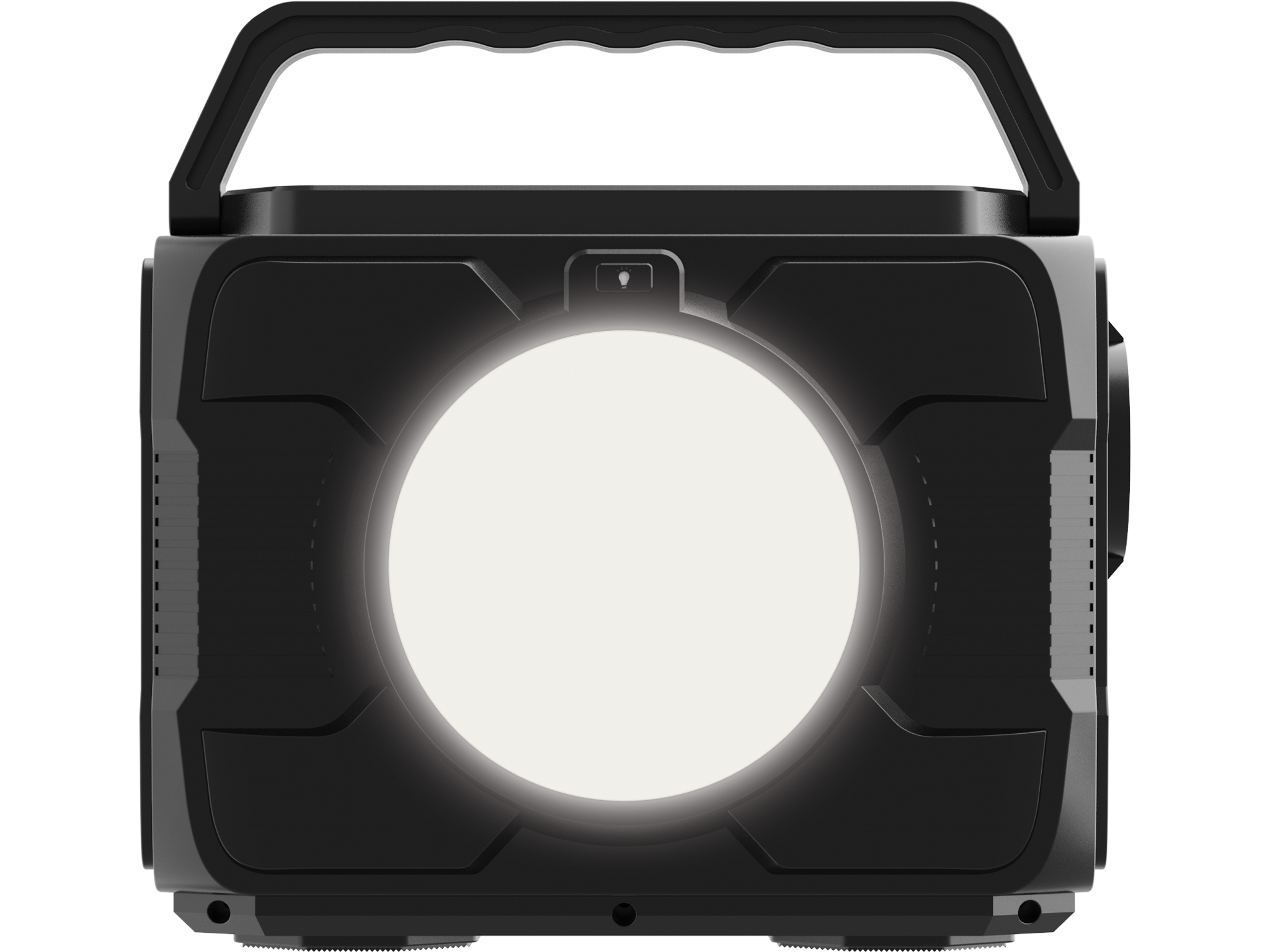 Czarne urządzenie z jasnym, okrągłym światłem i uchwytem. Jest umieszczone na białym tle.